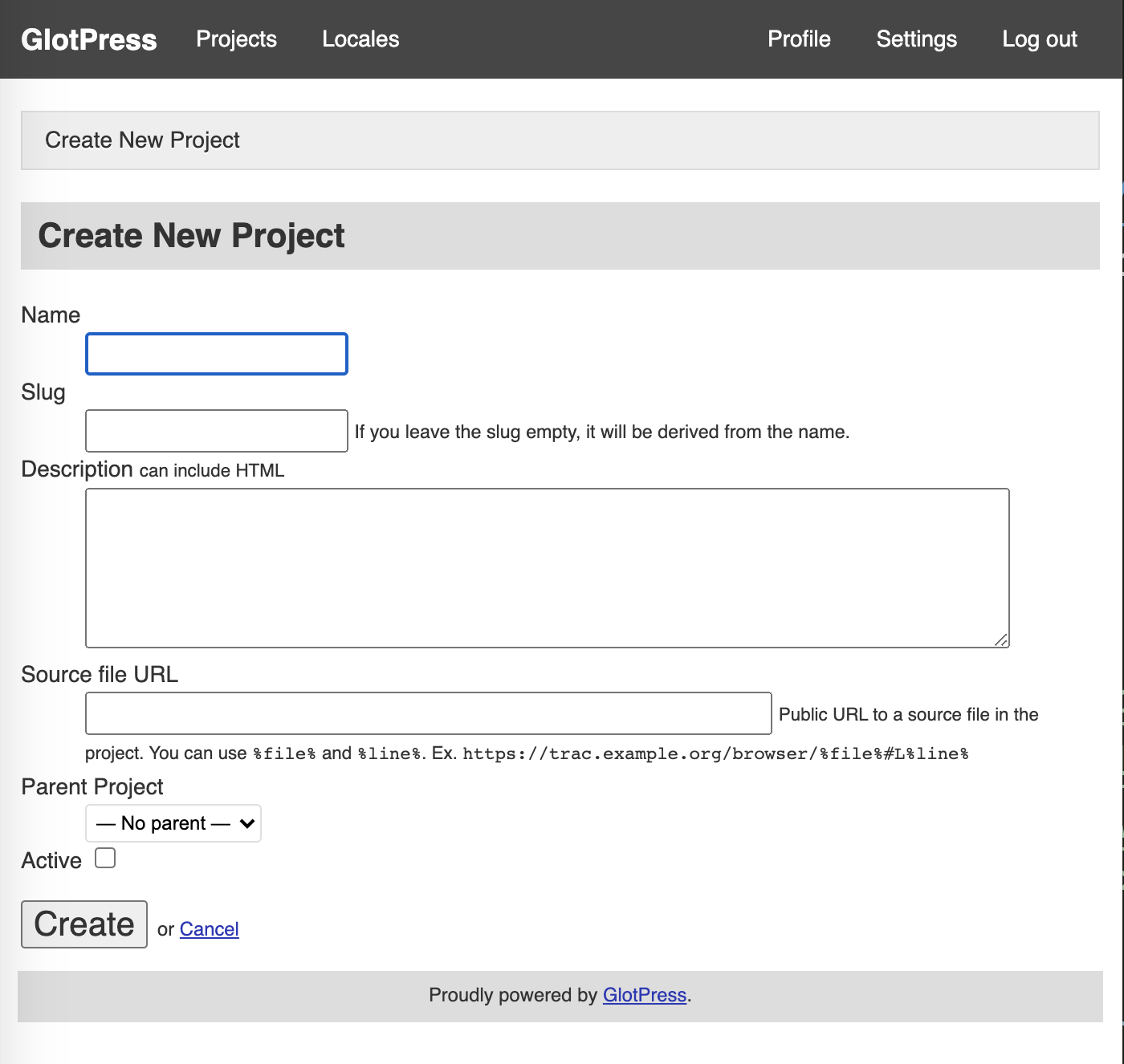 Glotpress project creation screen