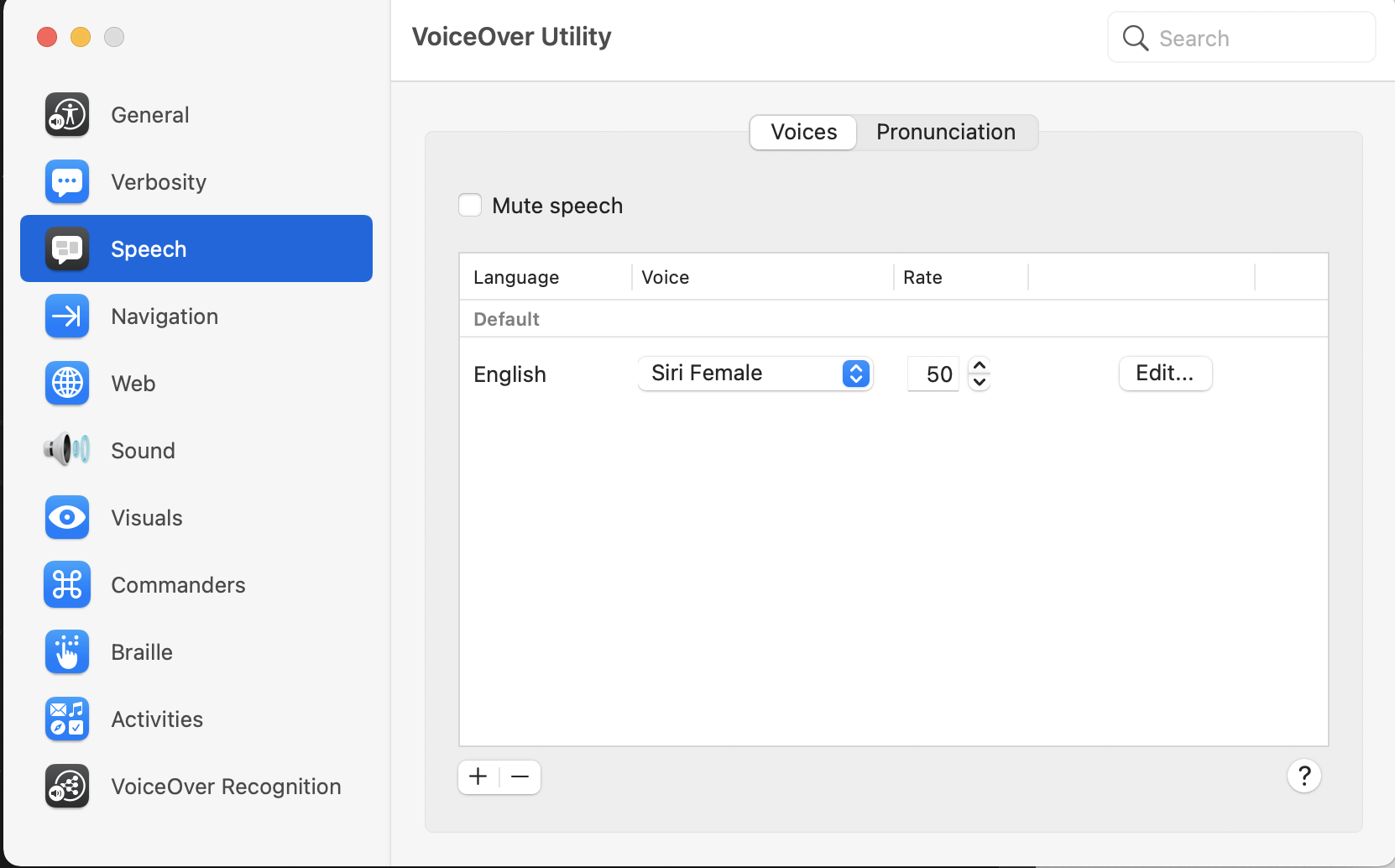 VoiceOver Speech settings that allow you to control the voice used and the speed of the spoken description
