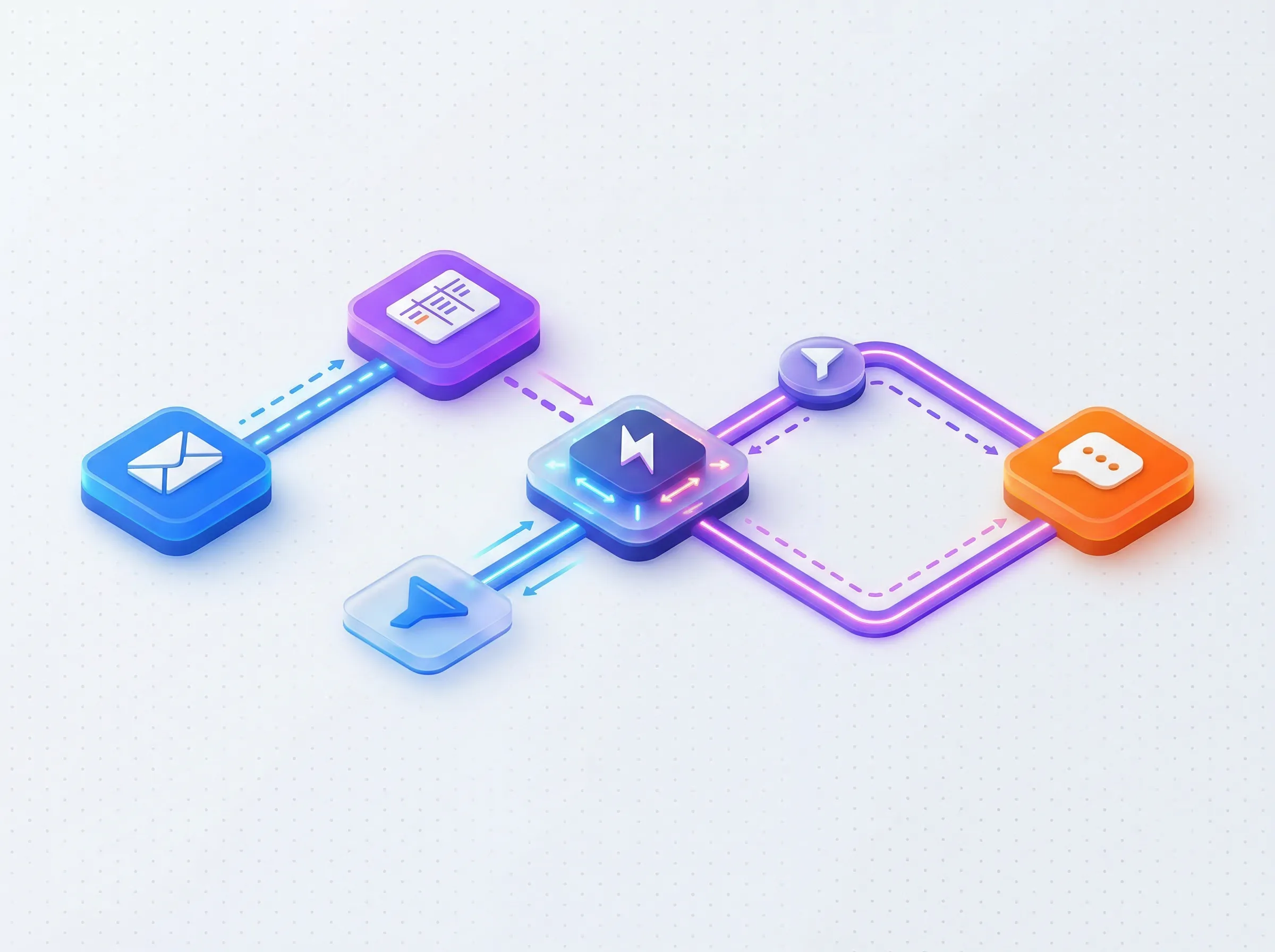 Isometric flowchart showing data moving from an email envelope icon to a task board and finally to a chat bubble, connected by glowing dashed lines