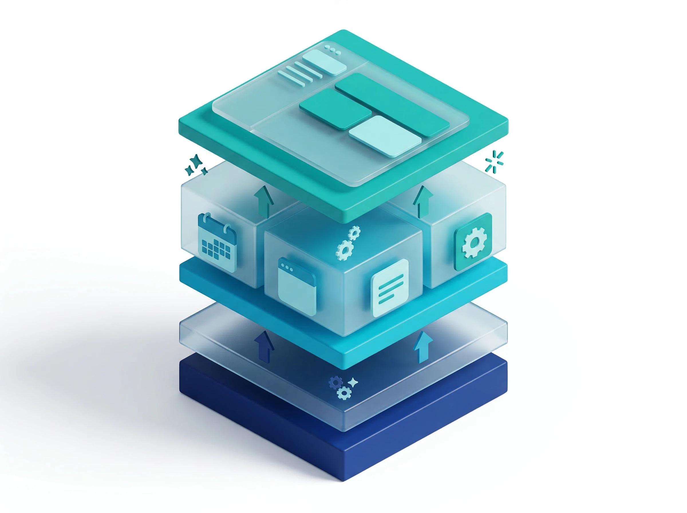 Isometric 3D diagram showing a technology stack with a wide foundational base layer supporting multiple middle application layers and a top user interface layer