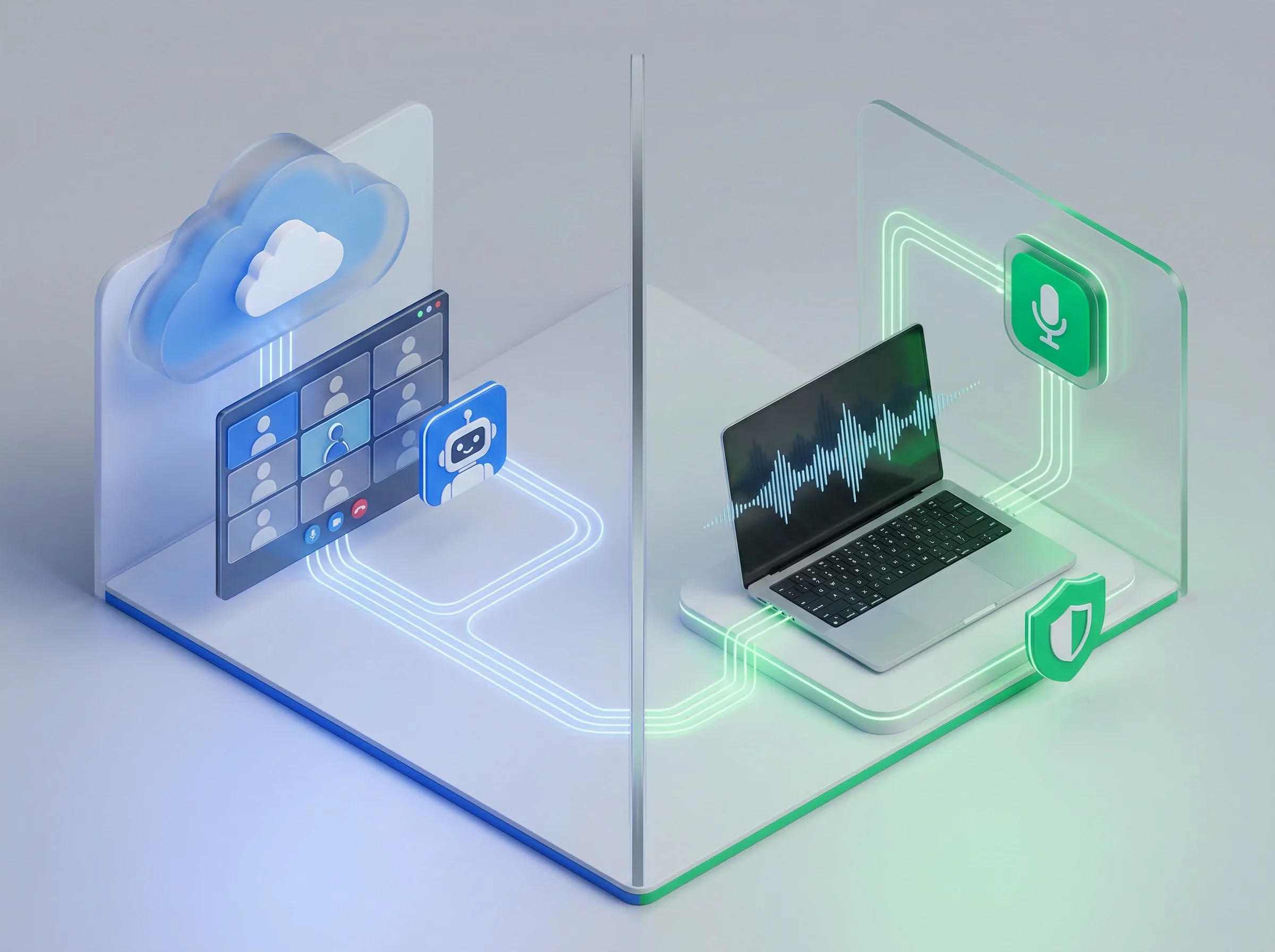 Architecture diagram comparing bot-based AI meeting note taker joining a video call versus native bot-free app recording system audio directly