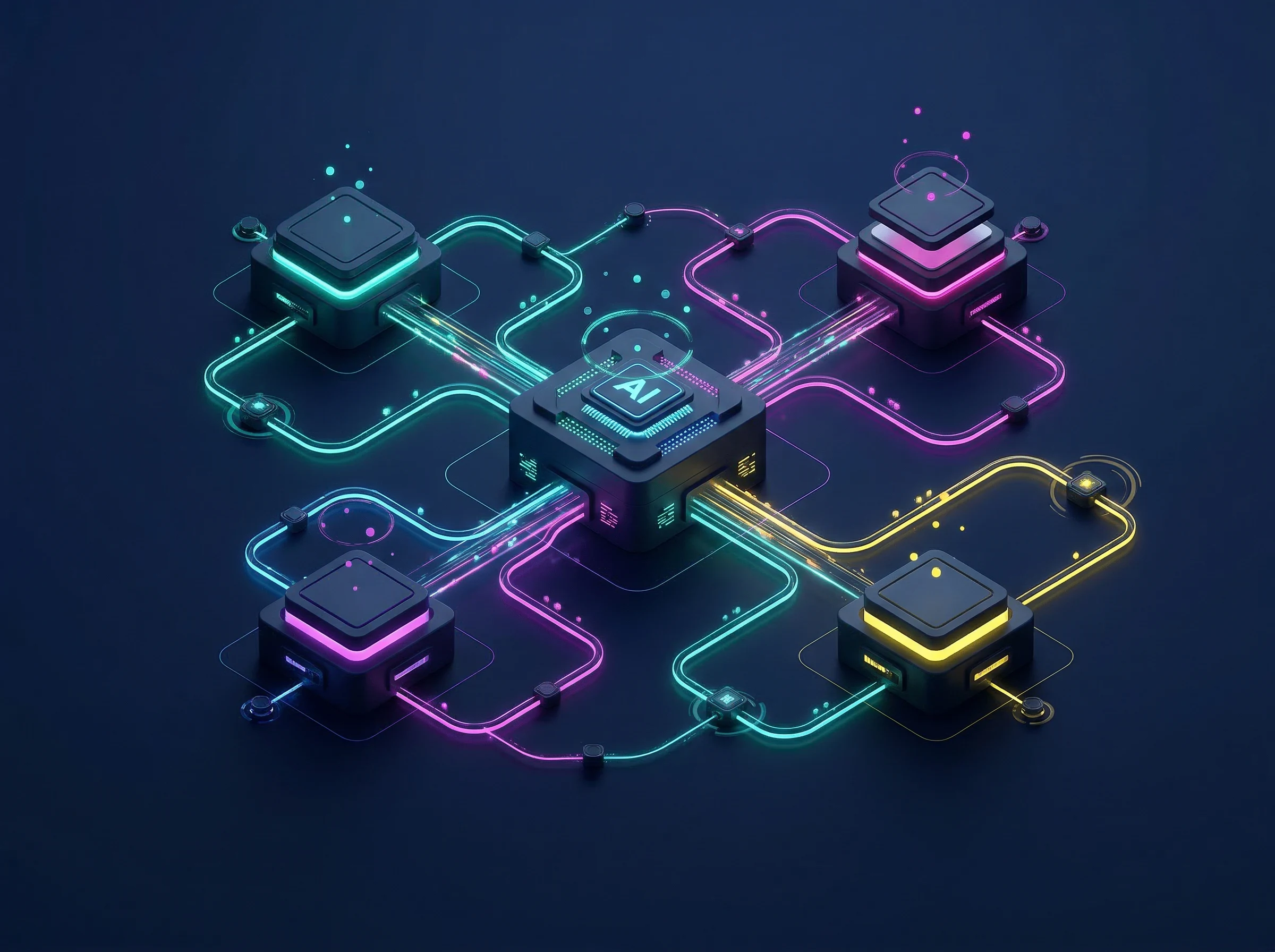 Isometric network diagram showing a central AI core connecting to various application blocks
