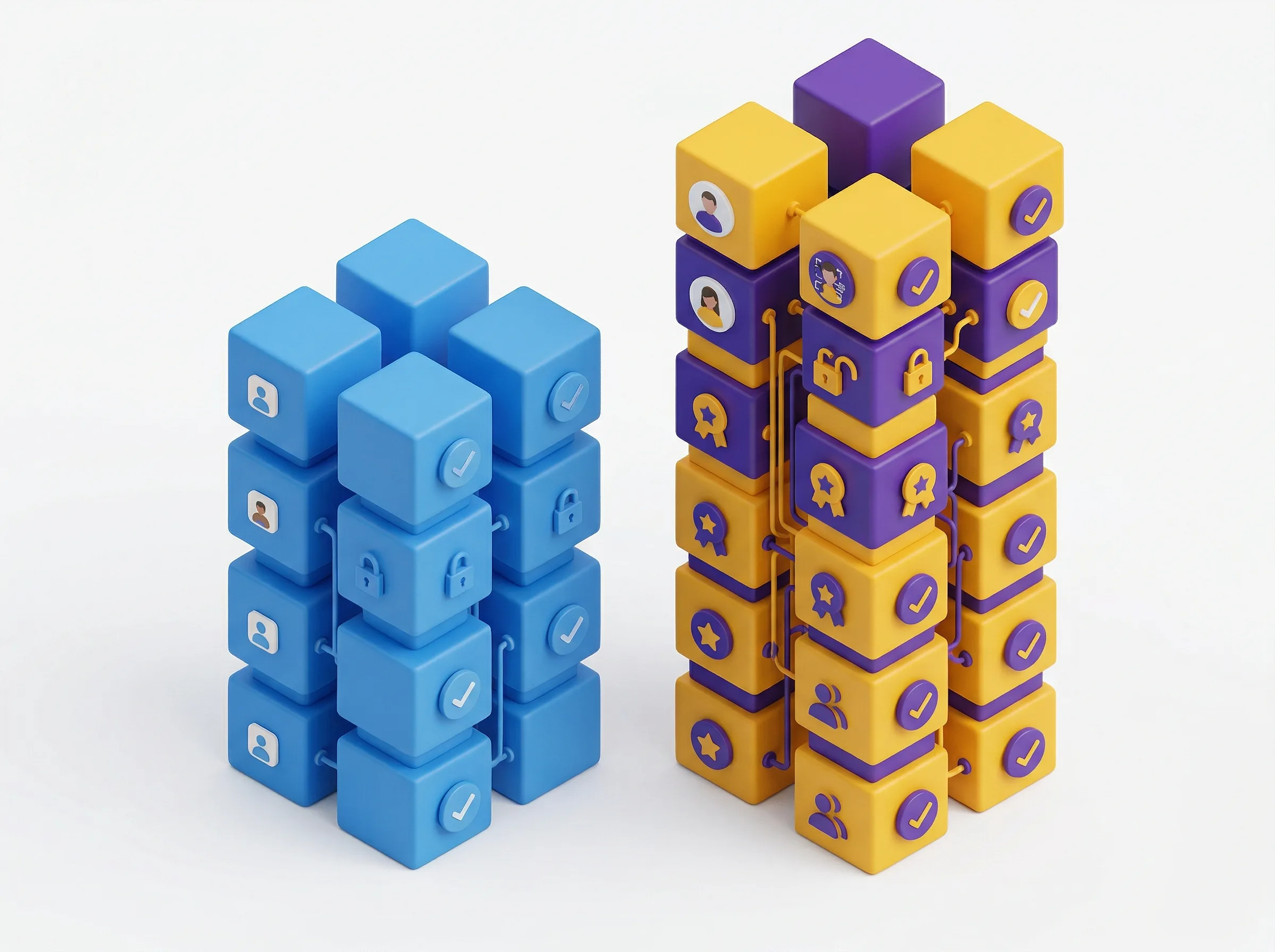 Free vs Paid AI Scheduler Features Isometric 3D diagram showing a short blue column of basic features next to a tall gold and purple column of premium features