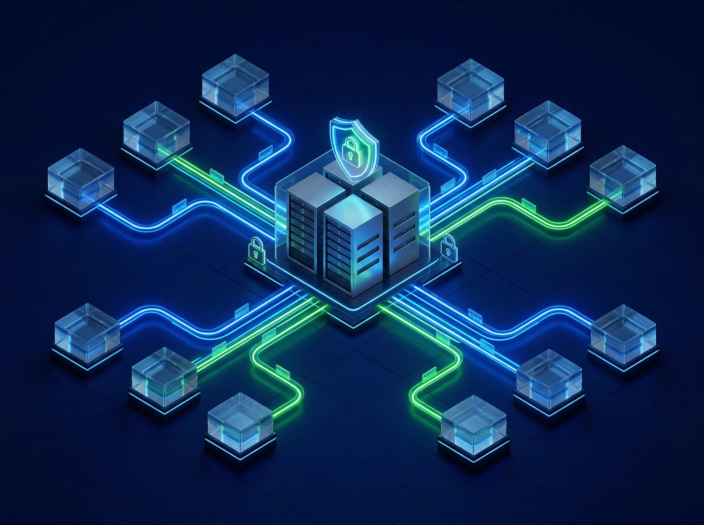 Enterprise AI Automation Architecture Isometric network diagram showing a secure central enterprise server automatically routing data to different department nodes