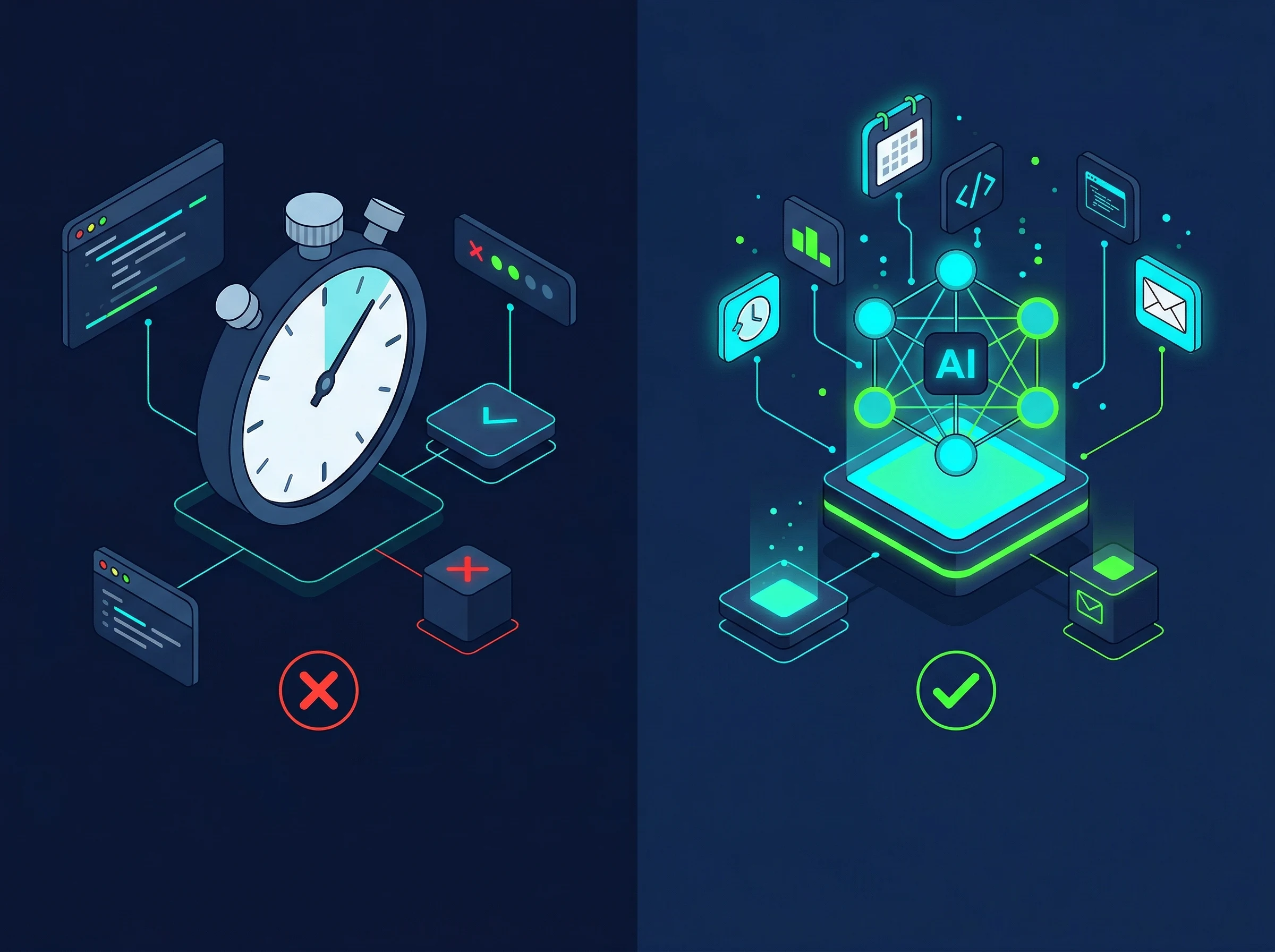 Split-screen diagram comparing manual stopwatch time tracking with AI automatic background time tracking software in 2026