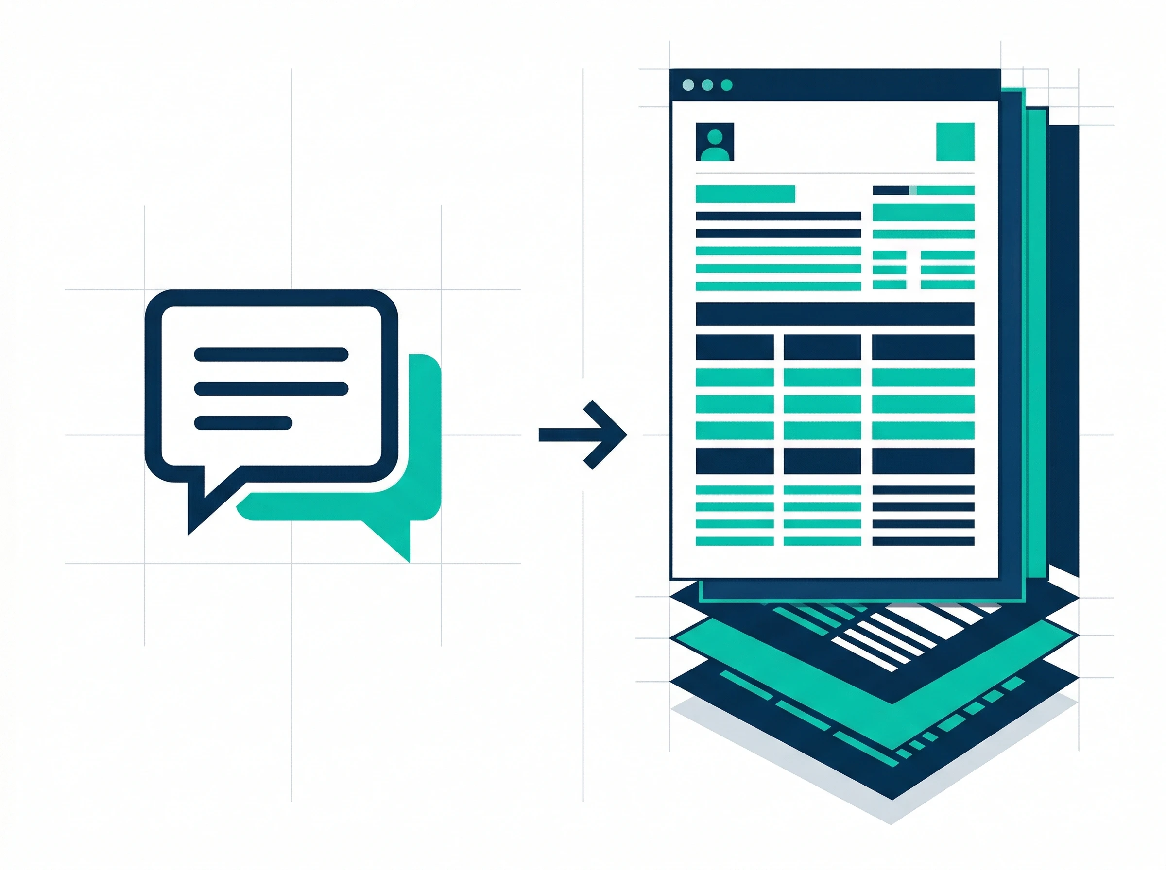 Side-by-side comparison graphic showing a simple chat bubble on the left pointing to a complex, multi-layered document structure on the right