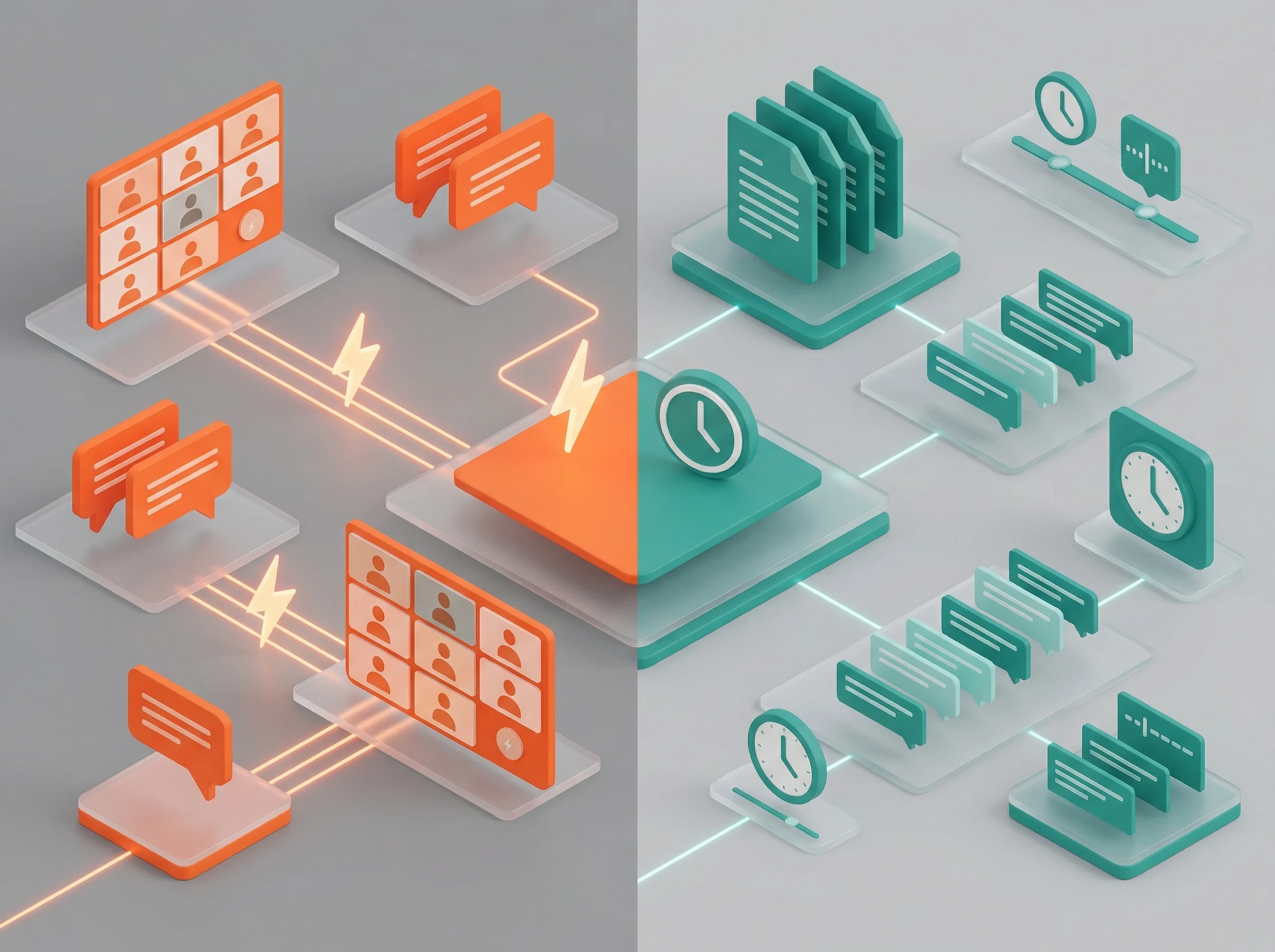 Isometric diagram showing a side-by-side comparison of real-time communication tools with lightning bolts versus asynchronous tools with clocks and staggered documents