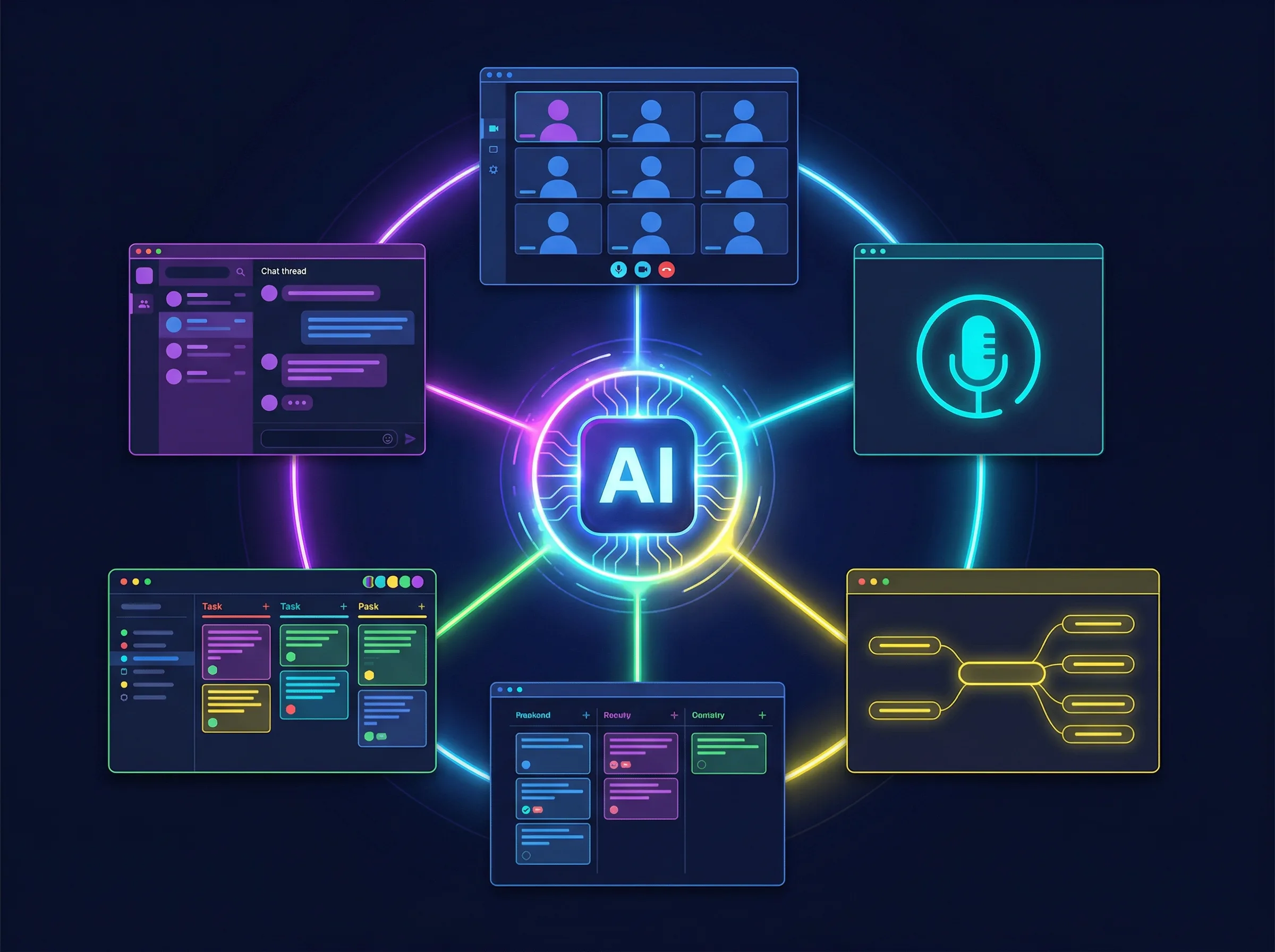 Circular network infographic showing chat threads, video grids, and mind maps connecting to a central AI hub in a dark mode digital workspace
