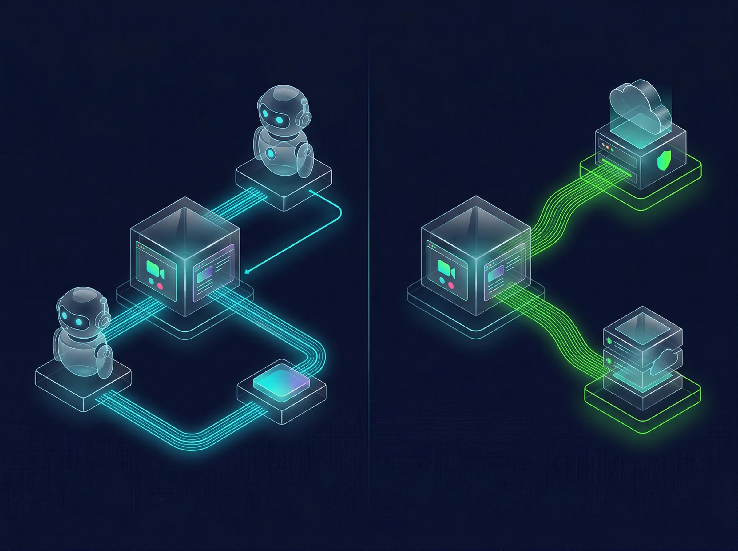 Diagram comparing bot-based AI meeting recorder joining as a participant versus bot-free native app capturing audio directly
