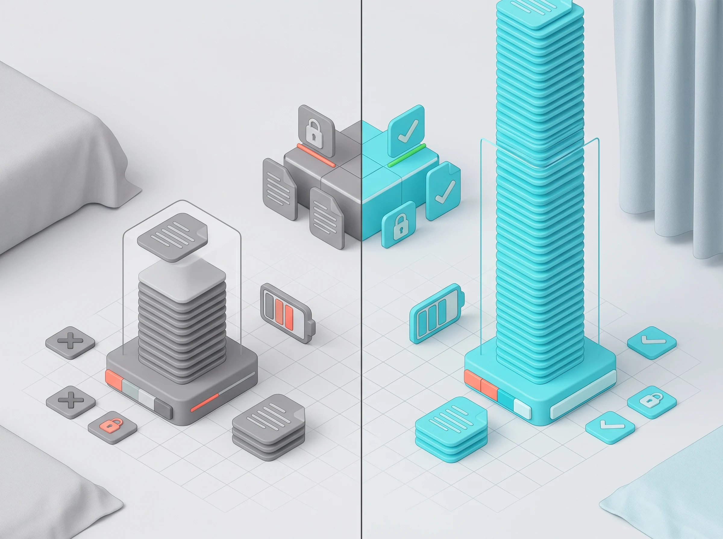 Isometric diagram comparing a short, gray stack of documents representing free tier limits against a tall, cyan stack representing unlimited paid tiers