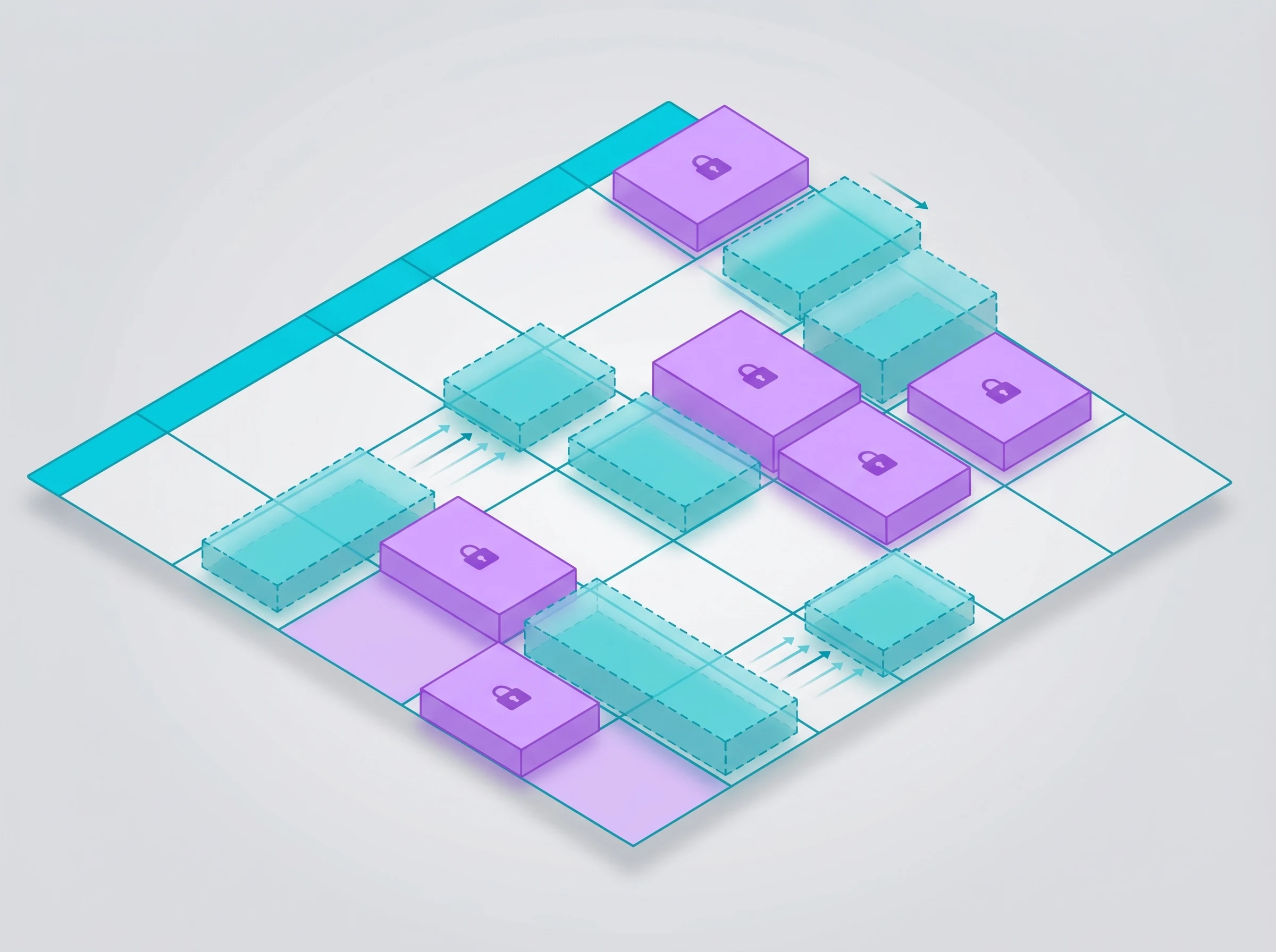Smart Habits Scheduling Isometric calendar grid showing flexible habit blocks fitting into gaps around locked team meetings