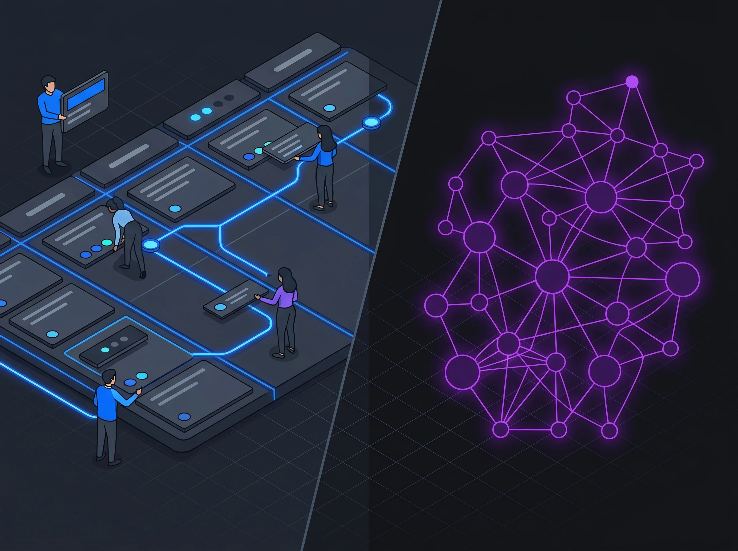 Project Management vs Knowledge Graph Isometric split-screen diagram showing a structured Kanban board on the left and a glowing interconnected node graph on the right