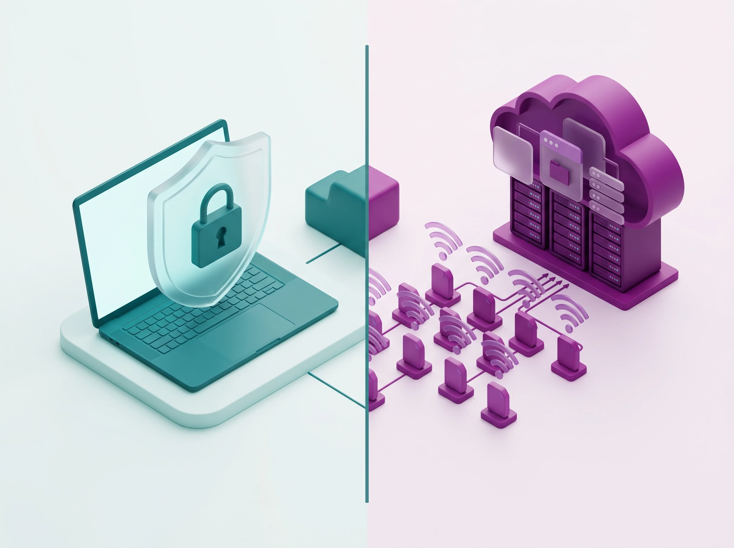 Split-screen isometric diagram showing a shielded laptop versus a cloud server receiving activity data