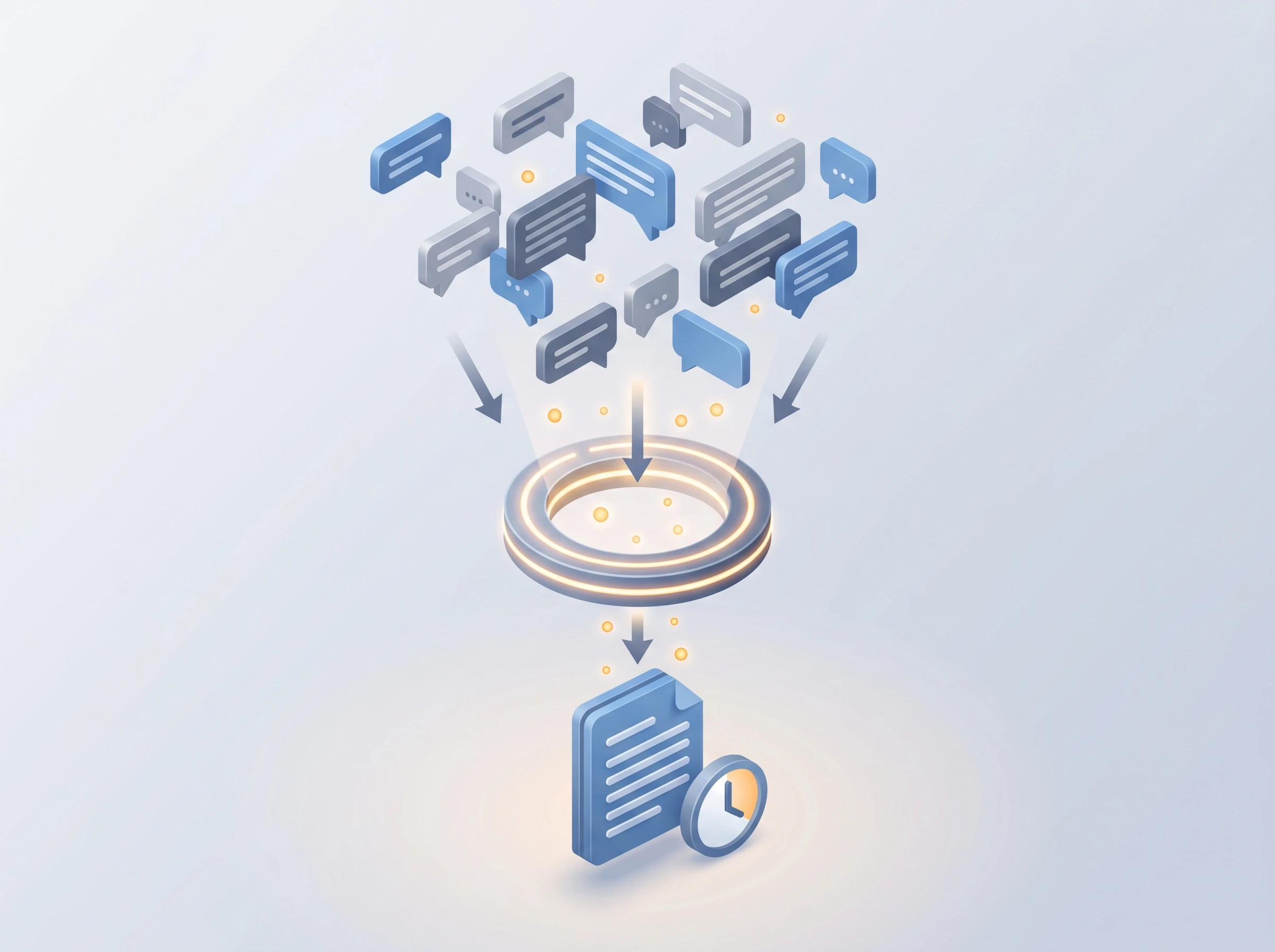 AI Channel Summarization Process Isometric diagram showing scattered chat bubbles funneling through an AI filter into a single organized document