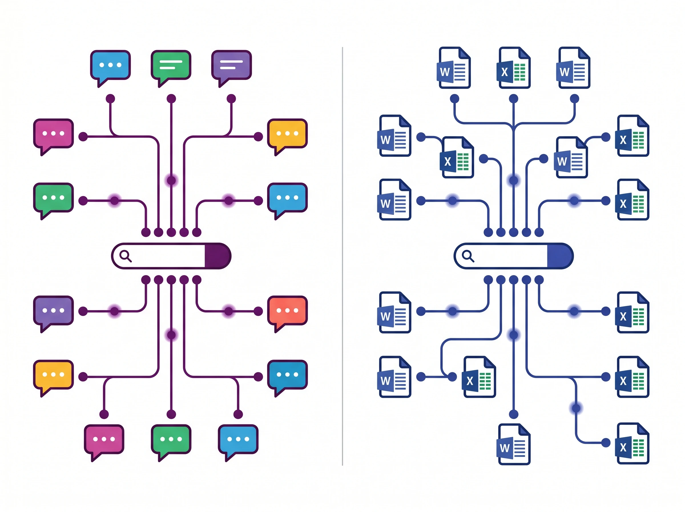 AI Search Architecture Comparison Split diagram comparing a search network connected to chat bubbles versus a search network connected to document files