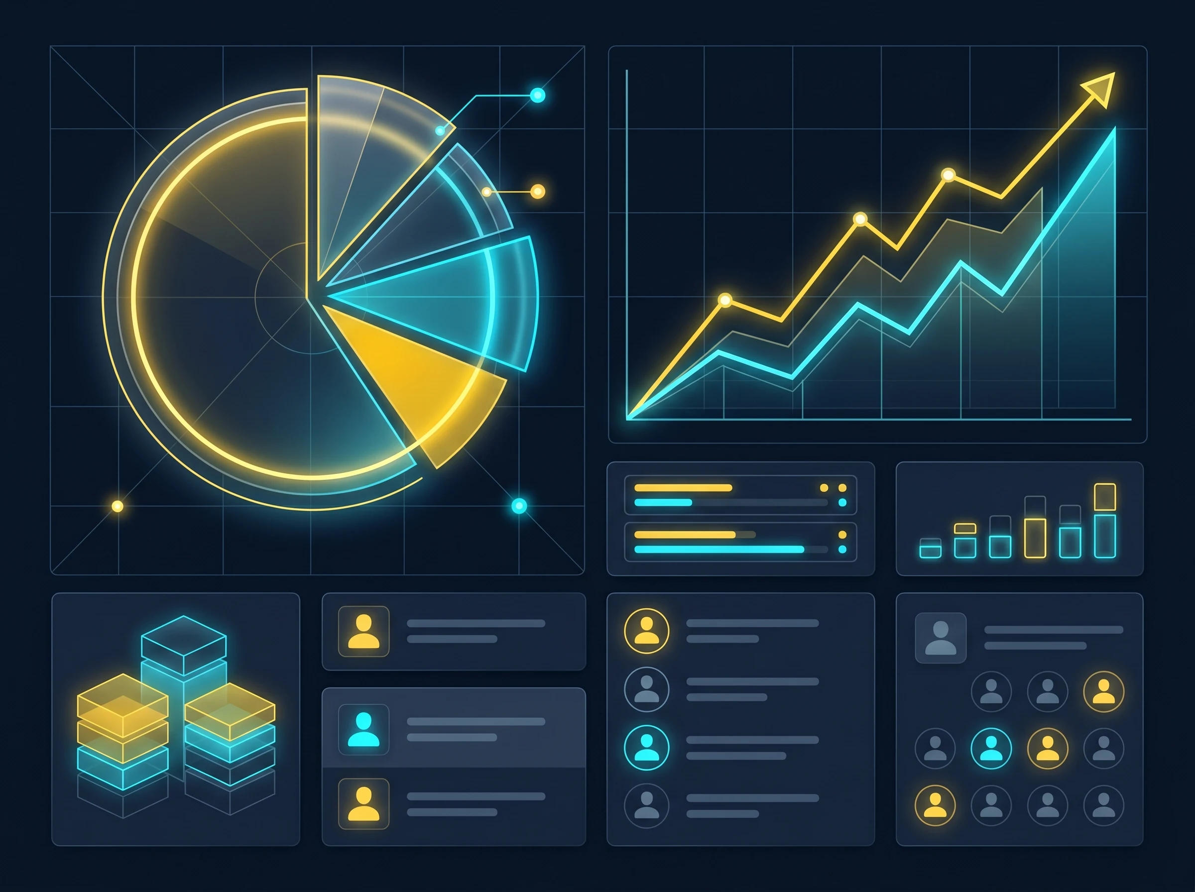 AI ROI and Market Share Dashboard Dark mode dashboard visualization showing a large market share circle chart and a rising ROI trend line