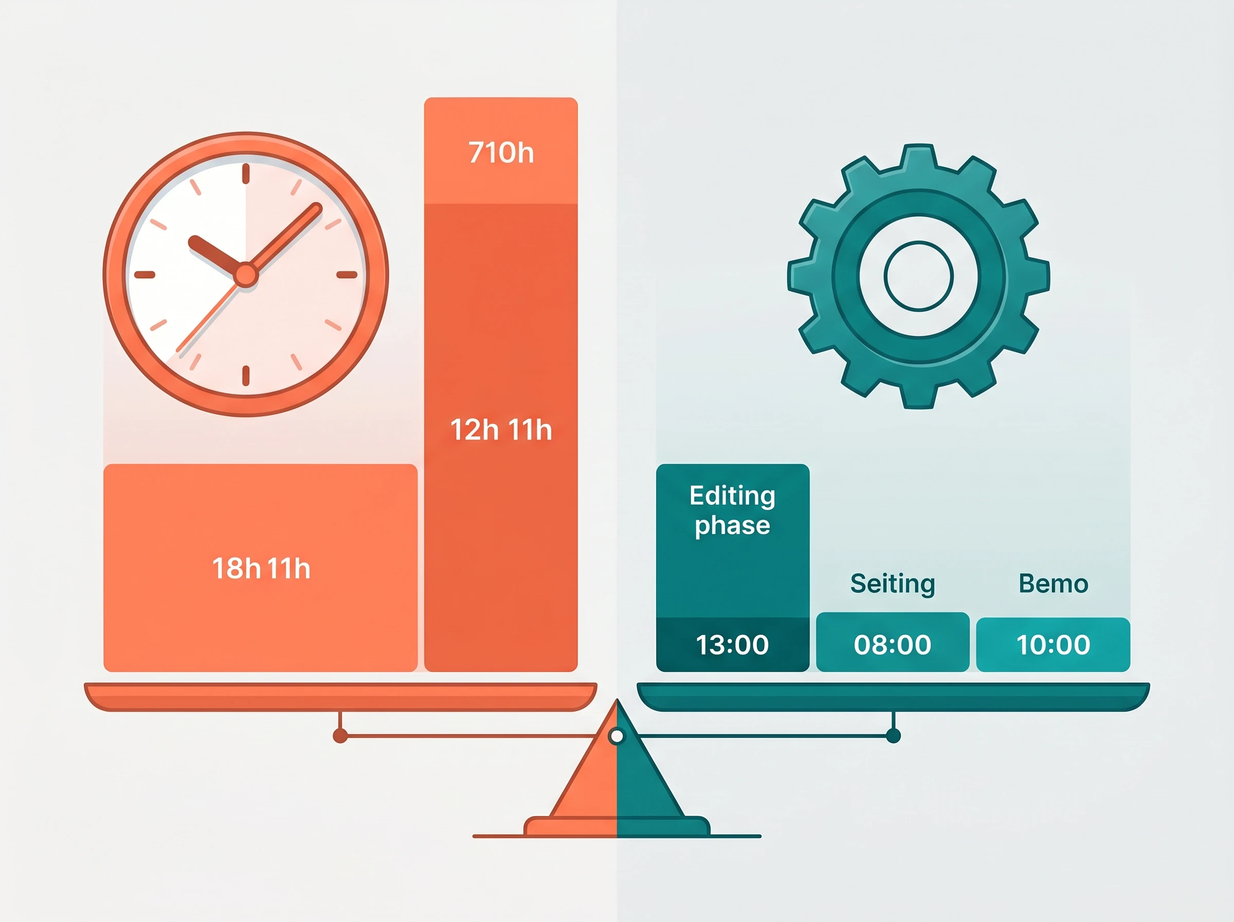 Split-screen diagram comparing large block of manual work time versus smaller block of AI-assisted work with editing time showing real time savings
