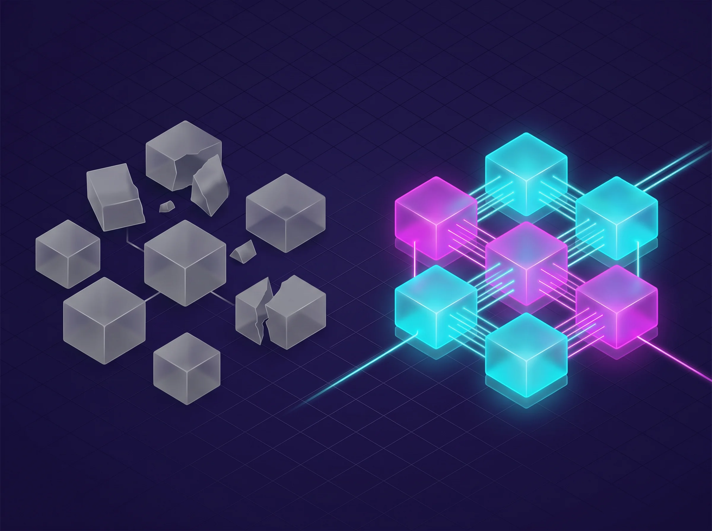 Isometric diagram showing scattered disconnected AI tools on one side versus tightly integrated hub of connected AI productivity tools on the other