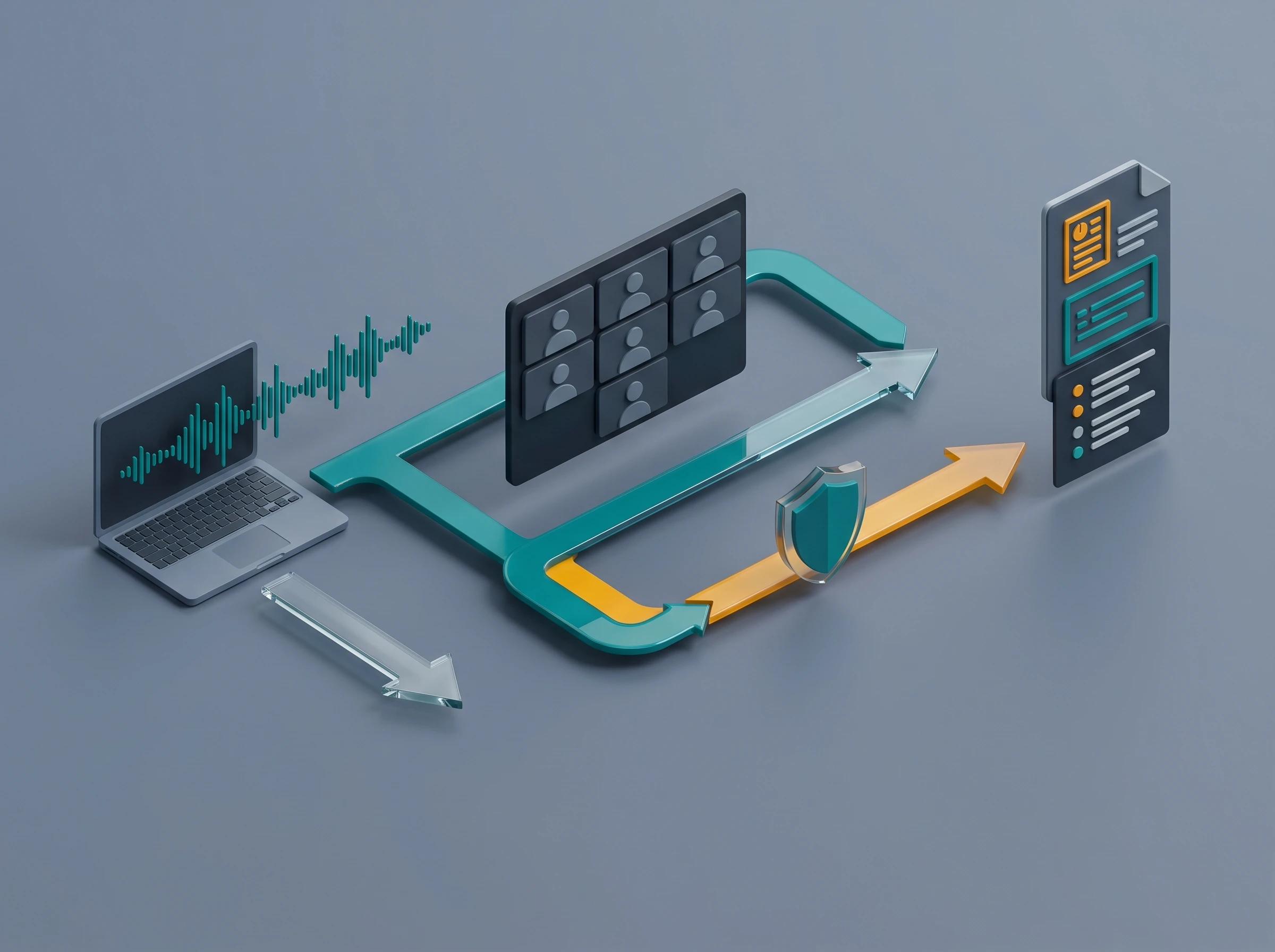 Bot-Free Transcription Workflow Isometric workflow diagram showing audio passing directly from a laptop to a document summary, bypassing a virtual meeting grid