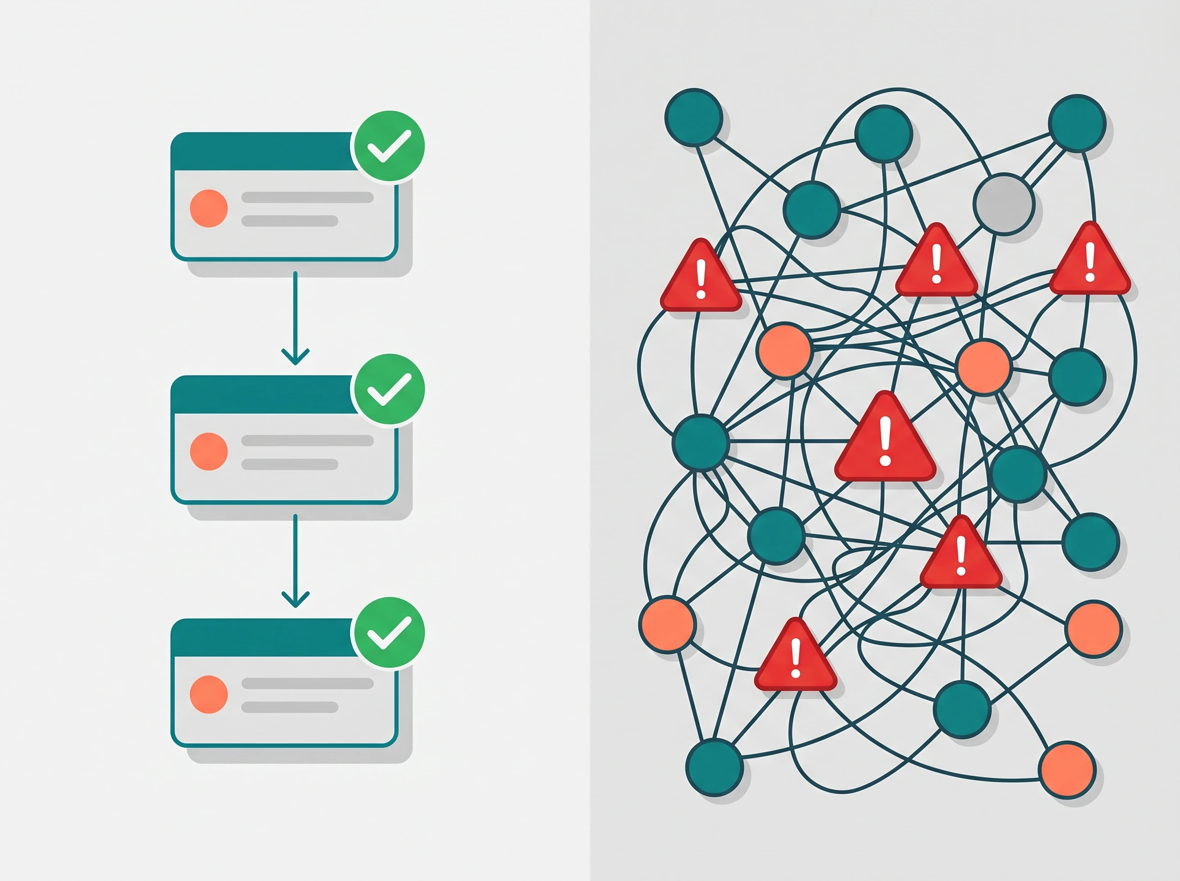 A split-screen diagram showing a simple 3-step workflow on the left and a highly complex, tangled web of nodes on the right.