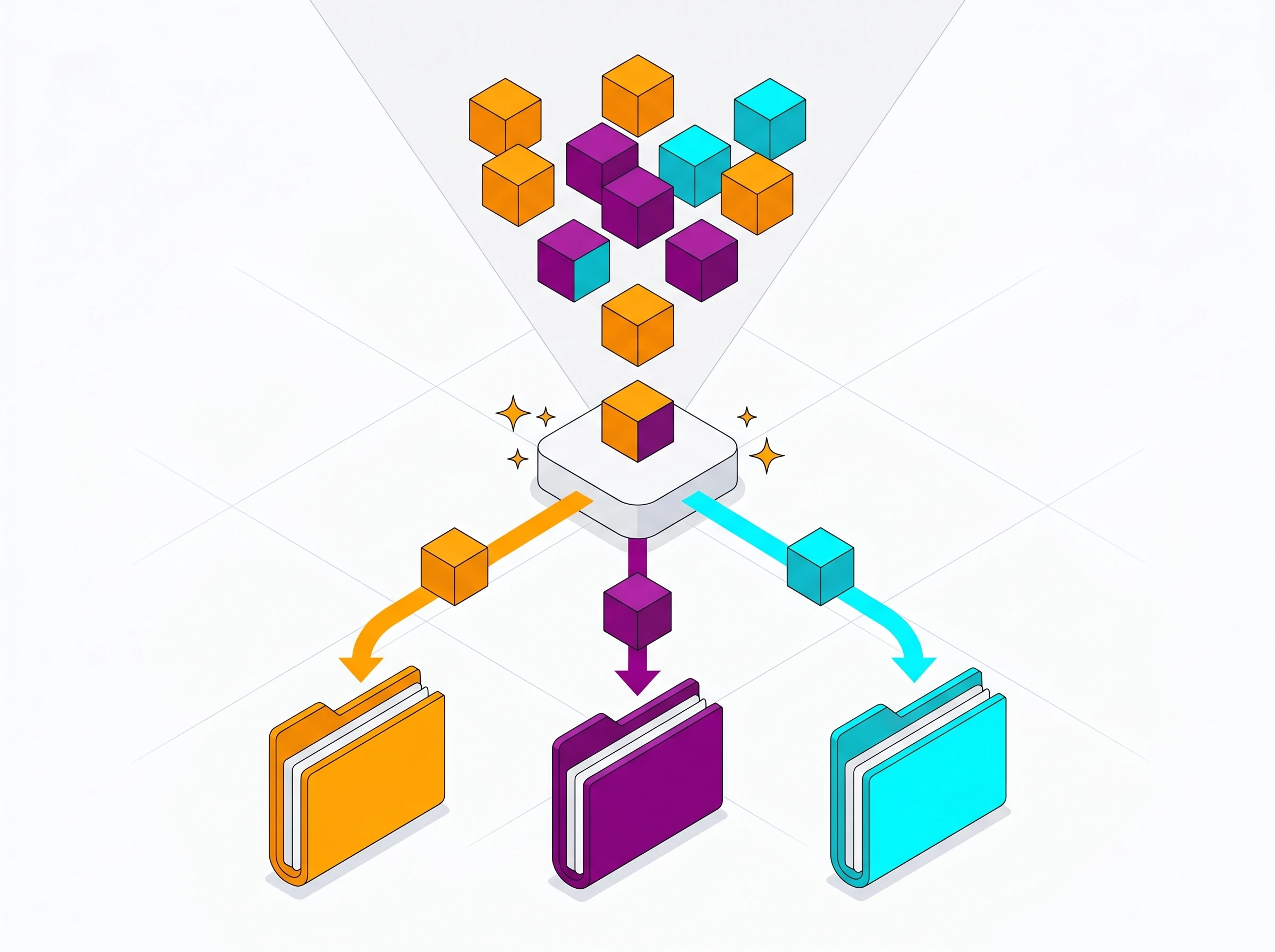 An isometric diagram showing mixed color blocks entering a central AI node and being sorted into three distinct, color-coded folders.