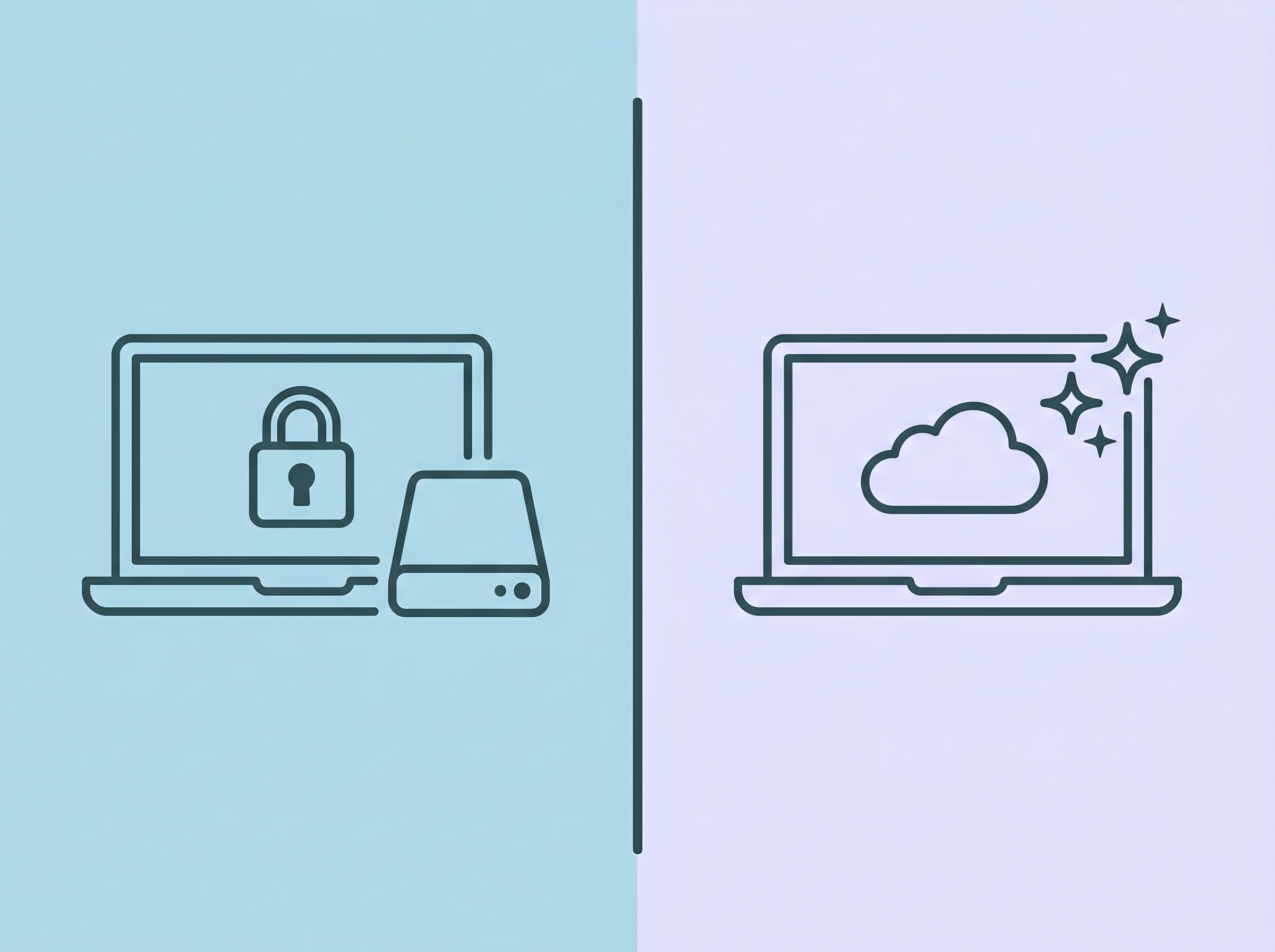 A side-by-side comparison diagram showing a laptop with a padlock and local server on the left, and a laptop with a cloud and AI sparkles on the right.