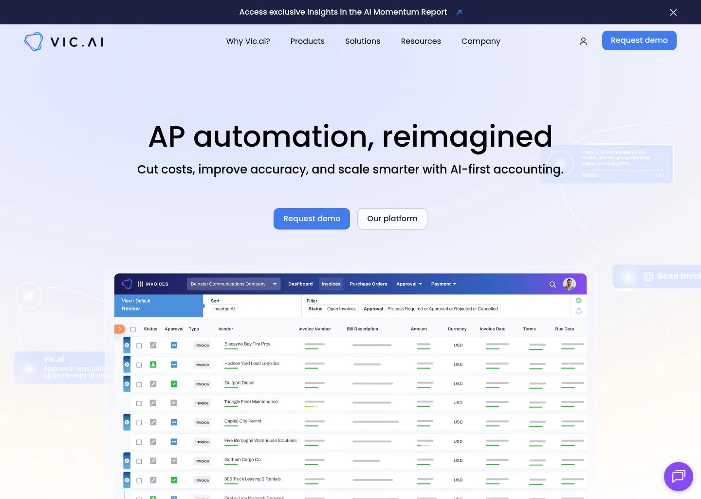 Vic.ai Autonomous AP Ingestion and Invoice Reconciliation Screen