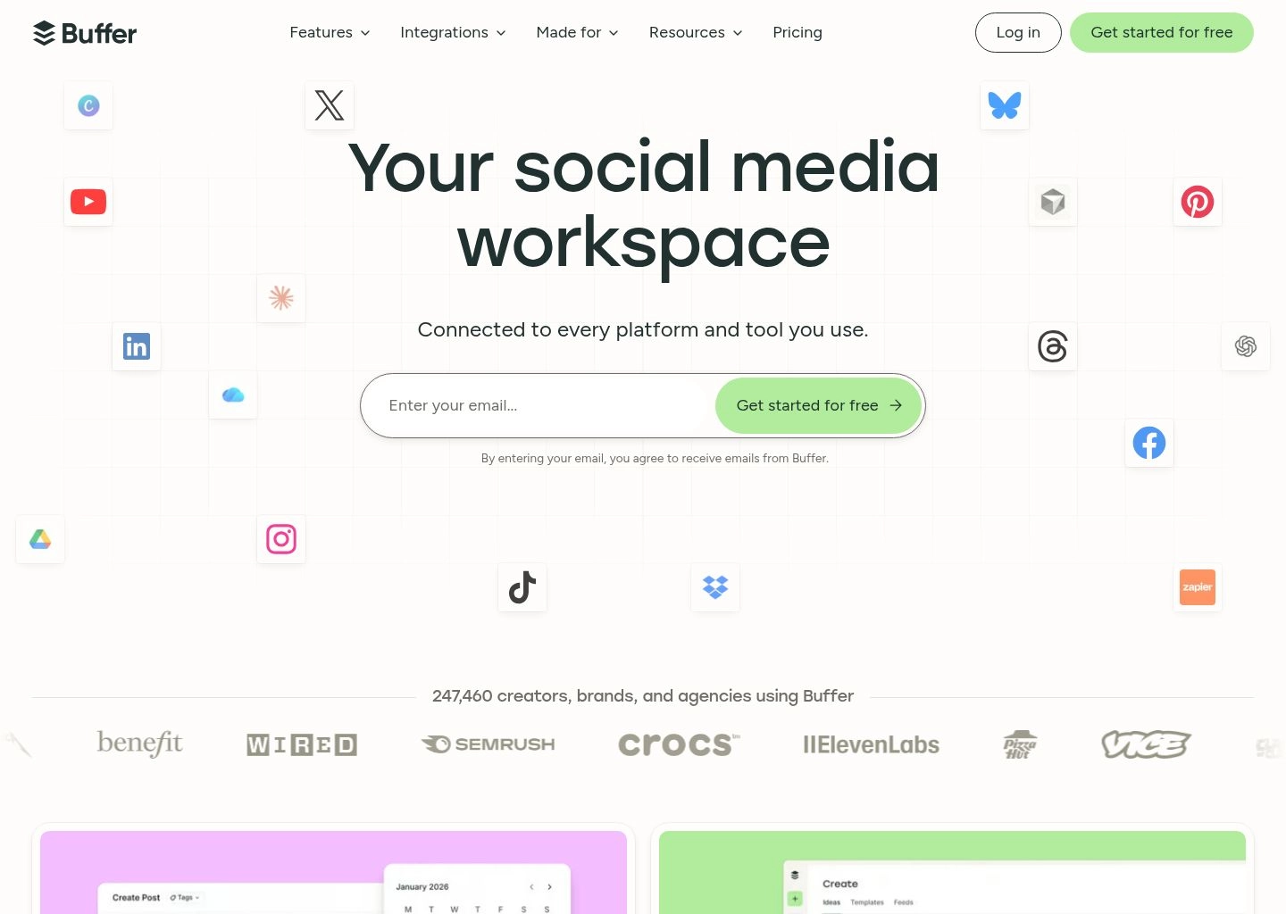 Buffer social media scheduler dashboard displaying multi-channel queues and AI assistant composer