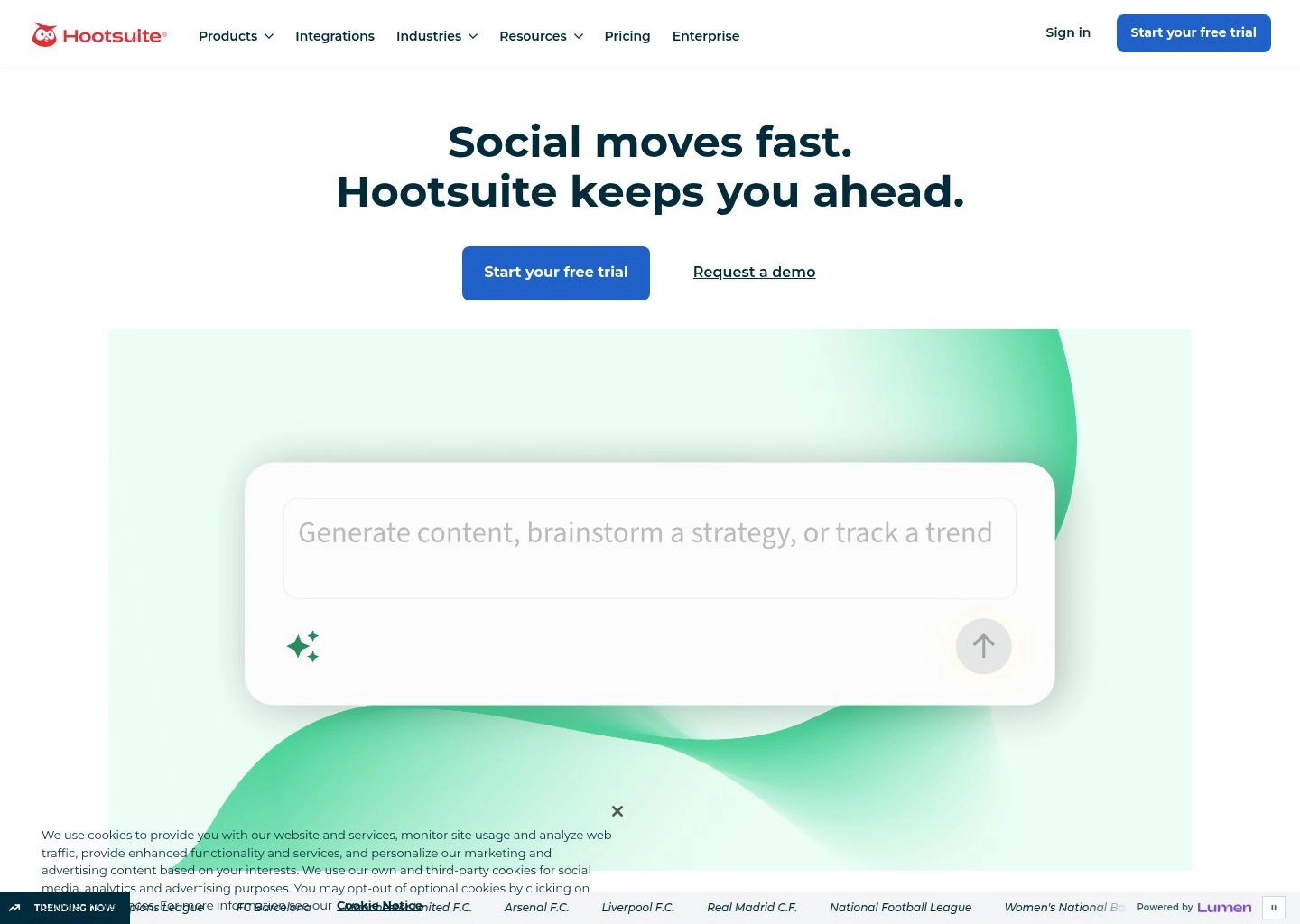 Hootsuite enterprise dashboard demonstrating multi-stream social listening and OwlyWriter AI content generator