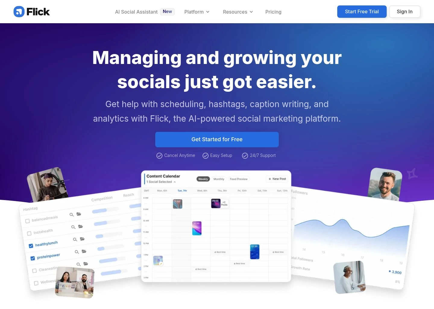 Flick social media management suite displaying visual grid preview and AI social brainstorming assistant