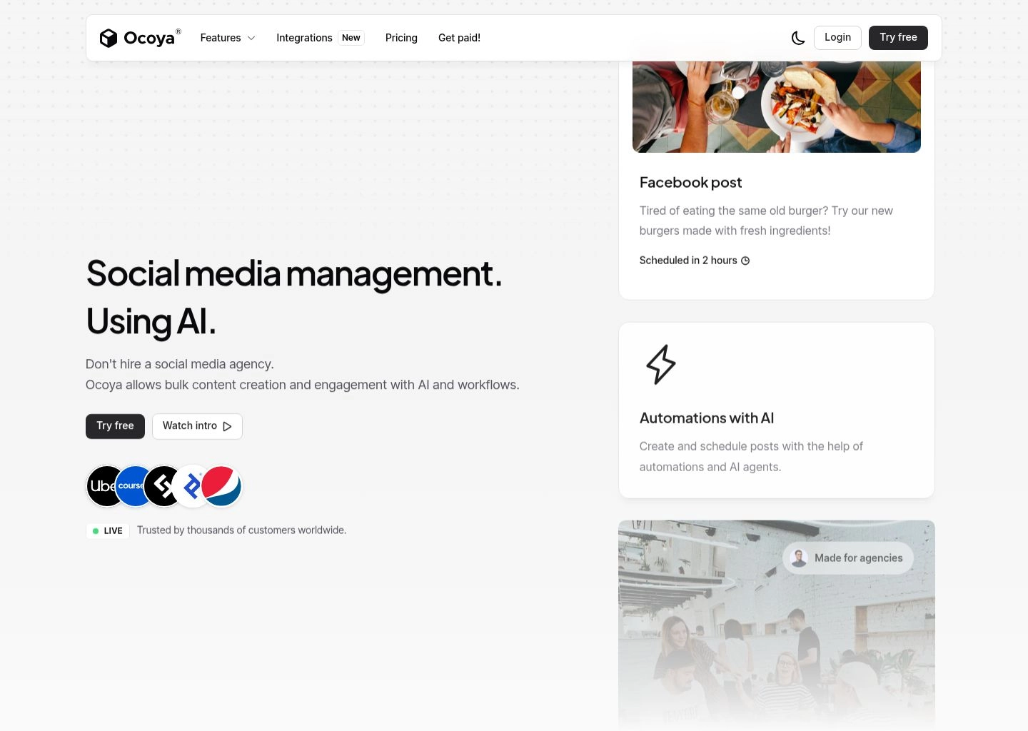 Ocoya e-commerce social media creator showing product catalog sync and automated promotional graphic generation