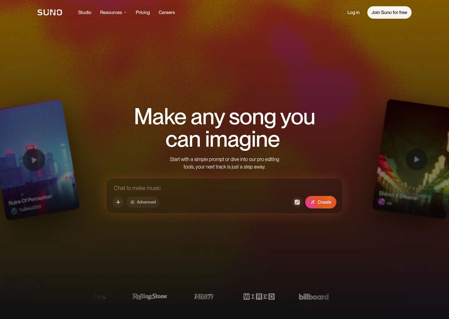 Suno AI Music Generator Studio Interface and Song Library