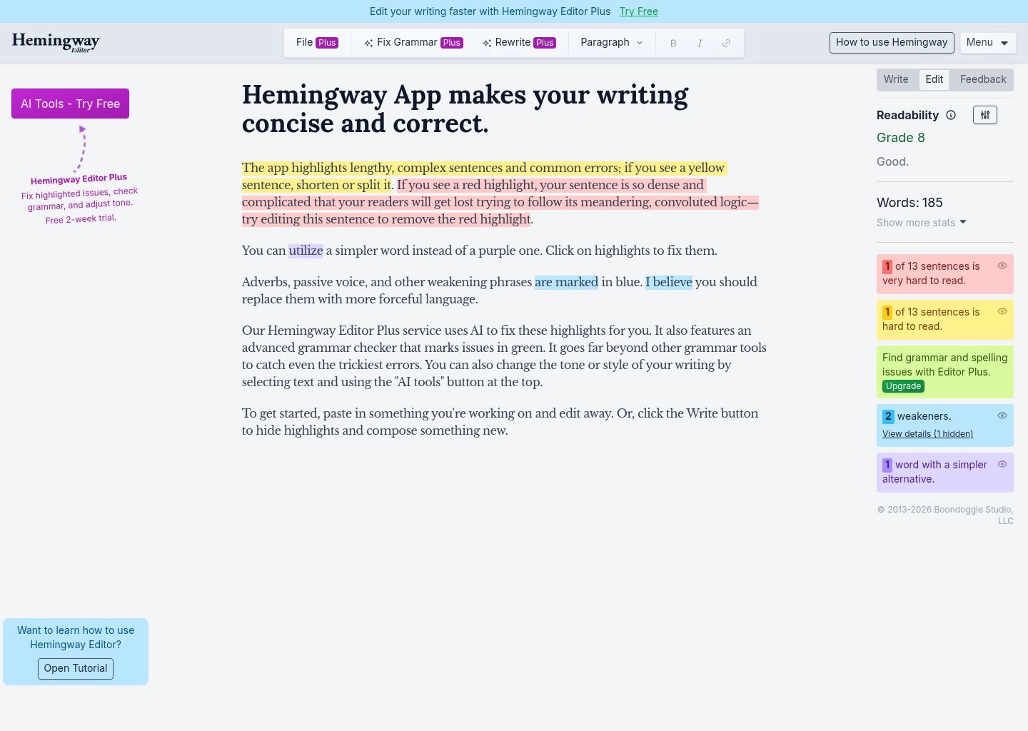 Hemingway Editor AI Writing Tool Workspace UI Preview