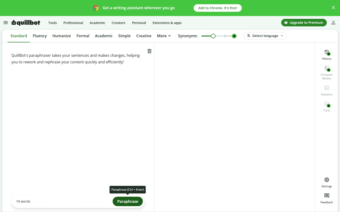QuillBot Paraphraser Interface and Mode Selector