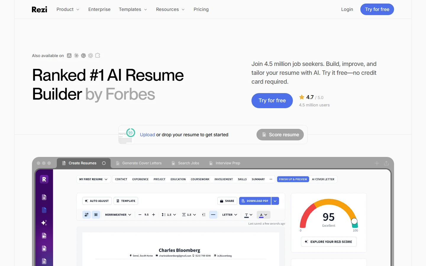 Rezi AI Resume Builder real-time ATS score optimizer and bullet writer