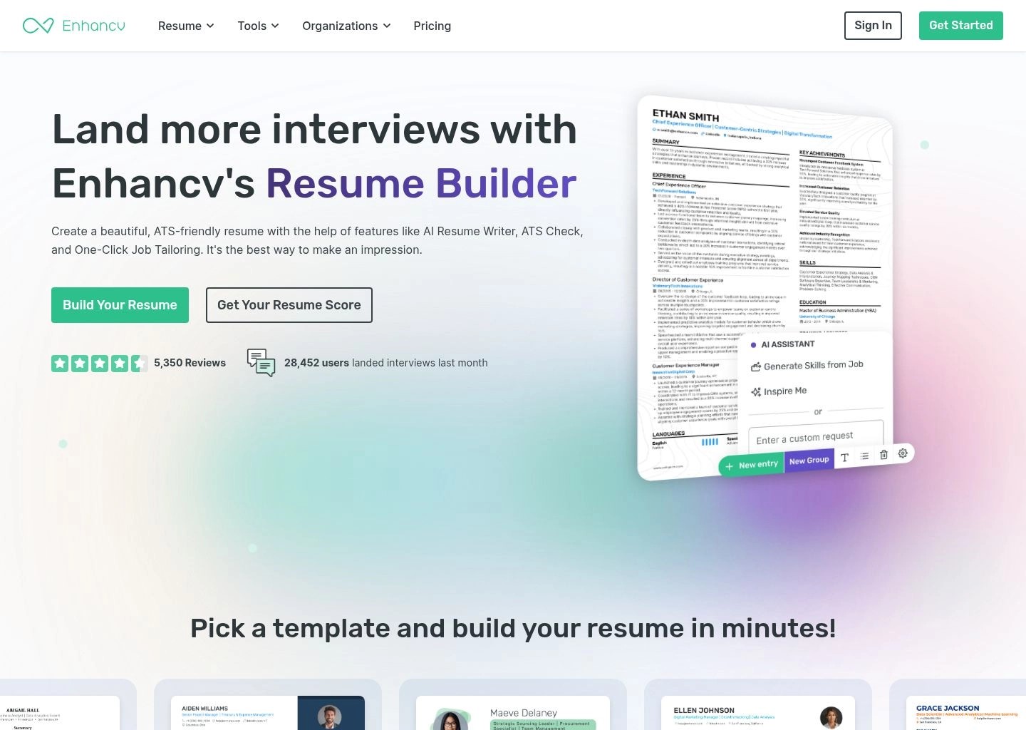 Enhancv AI resume builder executive templates and content feedback tool