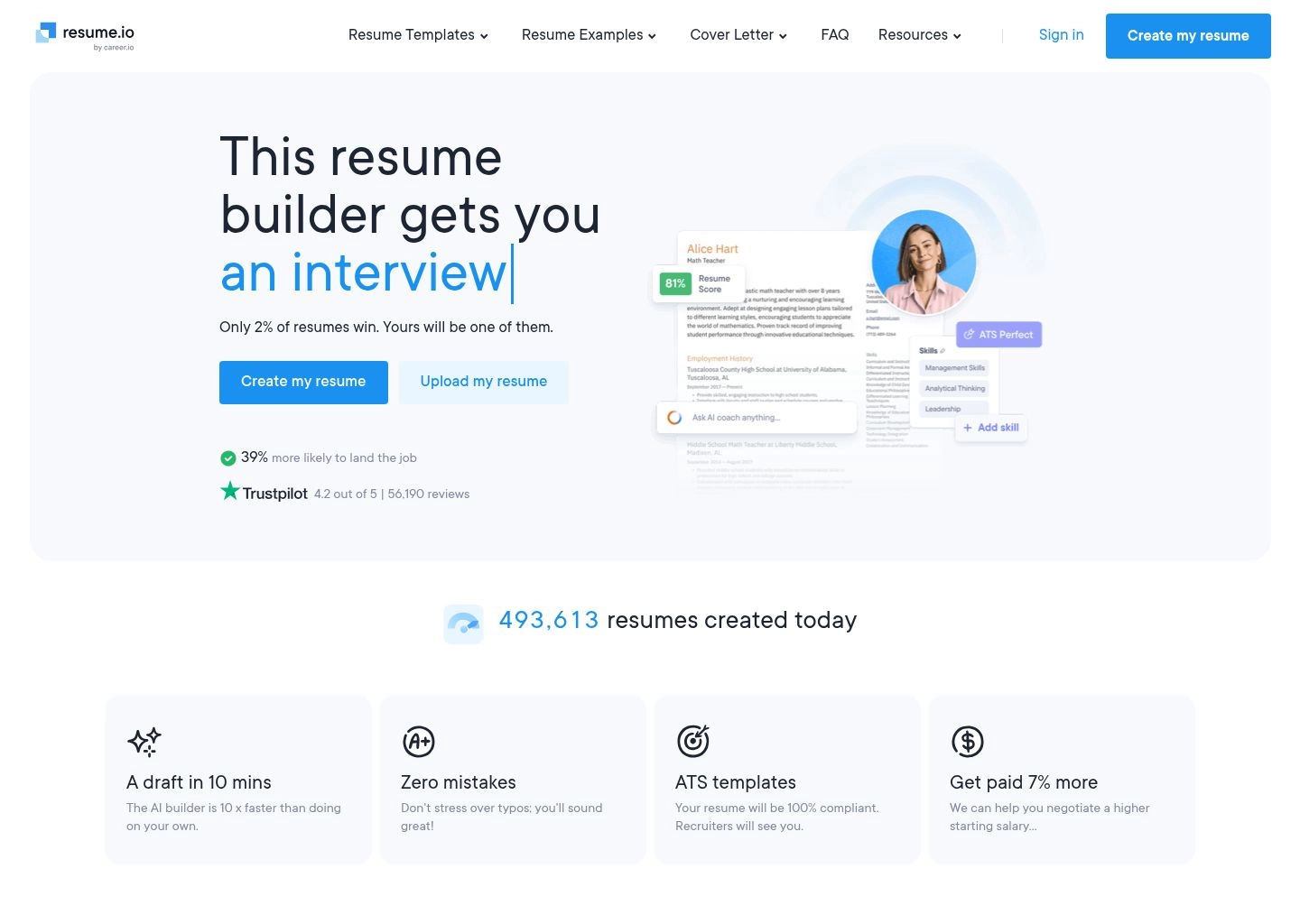 Resume.io fast resume and CV creator with pre-generated role phrases