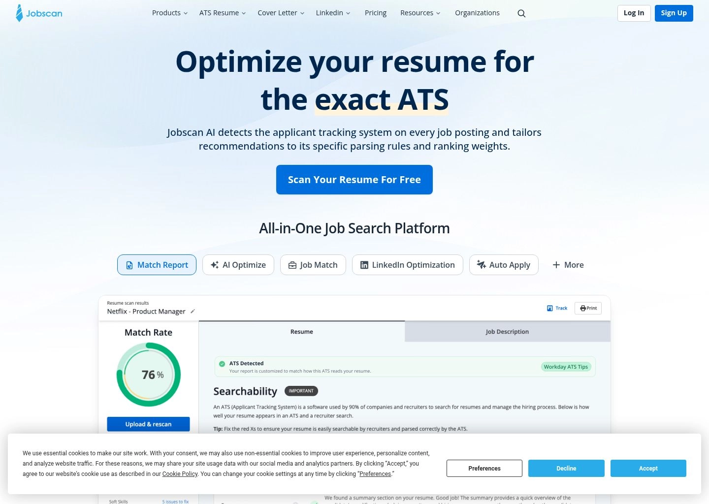 Jobscan ATS match rate comparison tool analyzing resume against job description