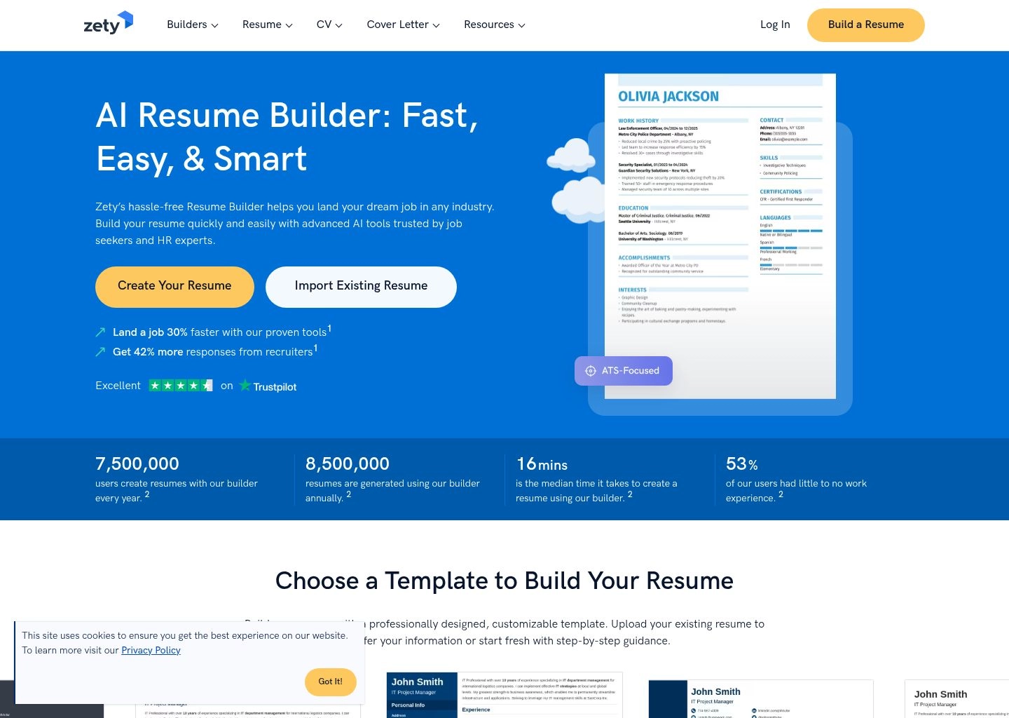 Zety step-by-step guided resume creator with built-in bullet suggestions
