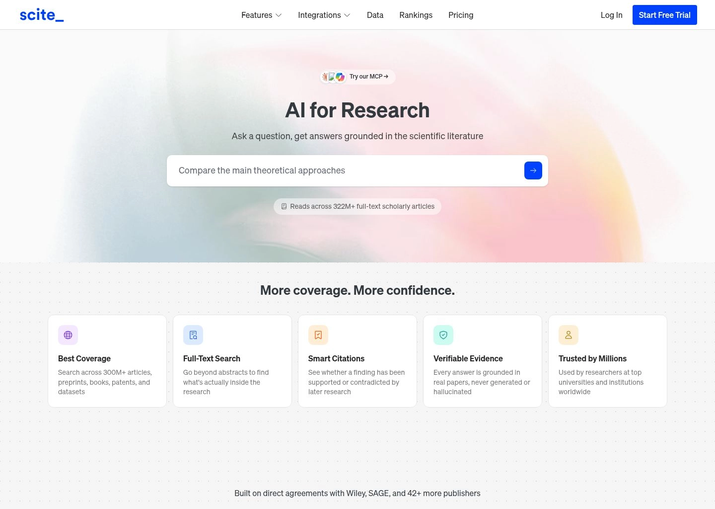 Scite.ai Smart Citations interface classifying supporting and contrasting scientific claims