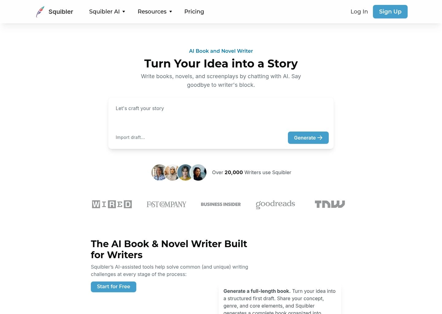 Squibler AI book writer dashboard featuring scene editor, visual storyboard generator, and project outline