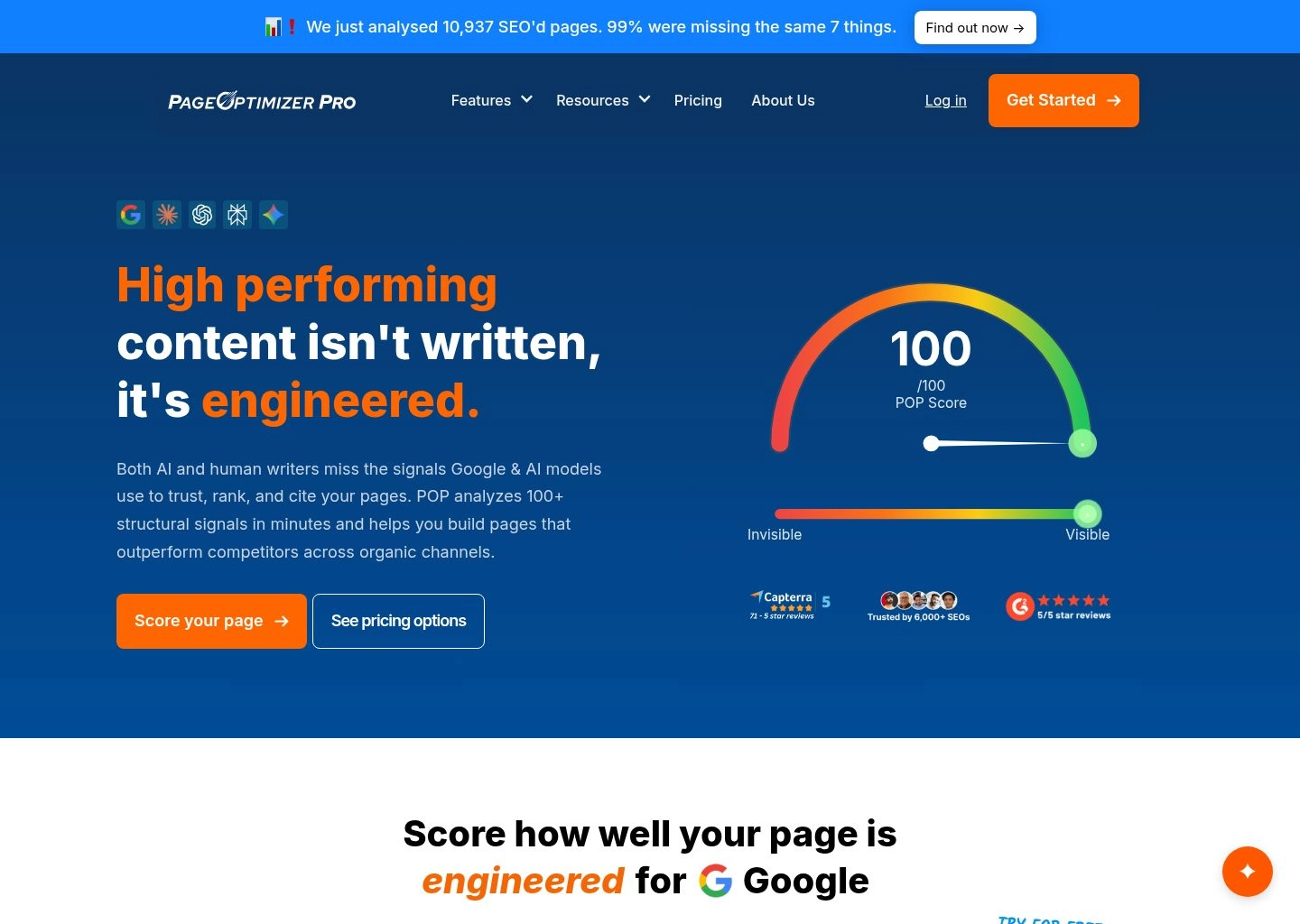 PageOptimizer Pro dashboard with mathematical on-page signal recommendations and Google patent scoring