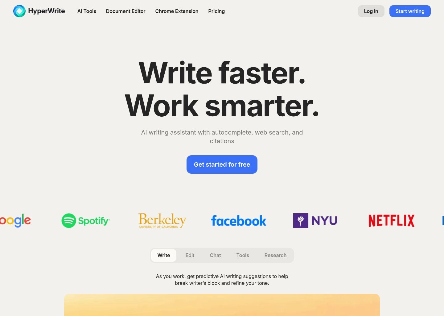 HyperWrite AI writing assistant showing personal database style learning, document expansion, and auto-complete