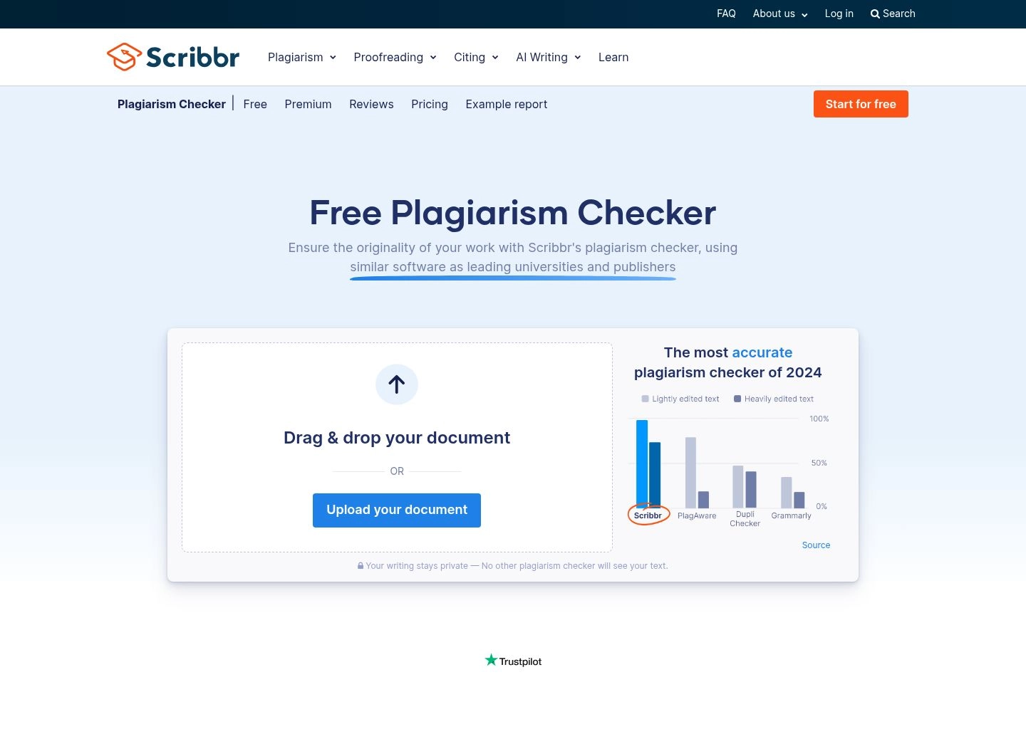 Scribbr Turnitin-Powered Plagiarism Checker Interface