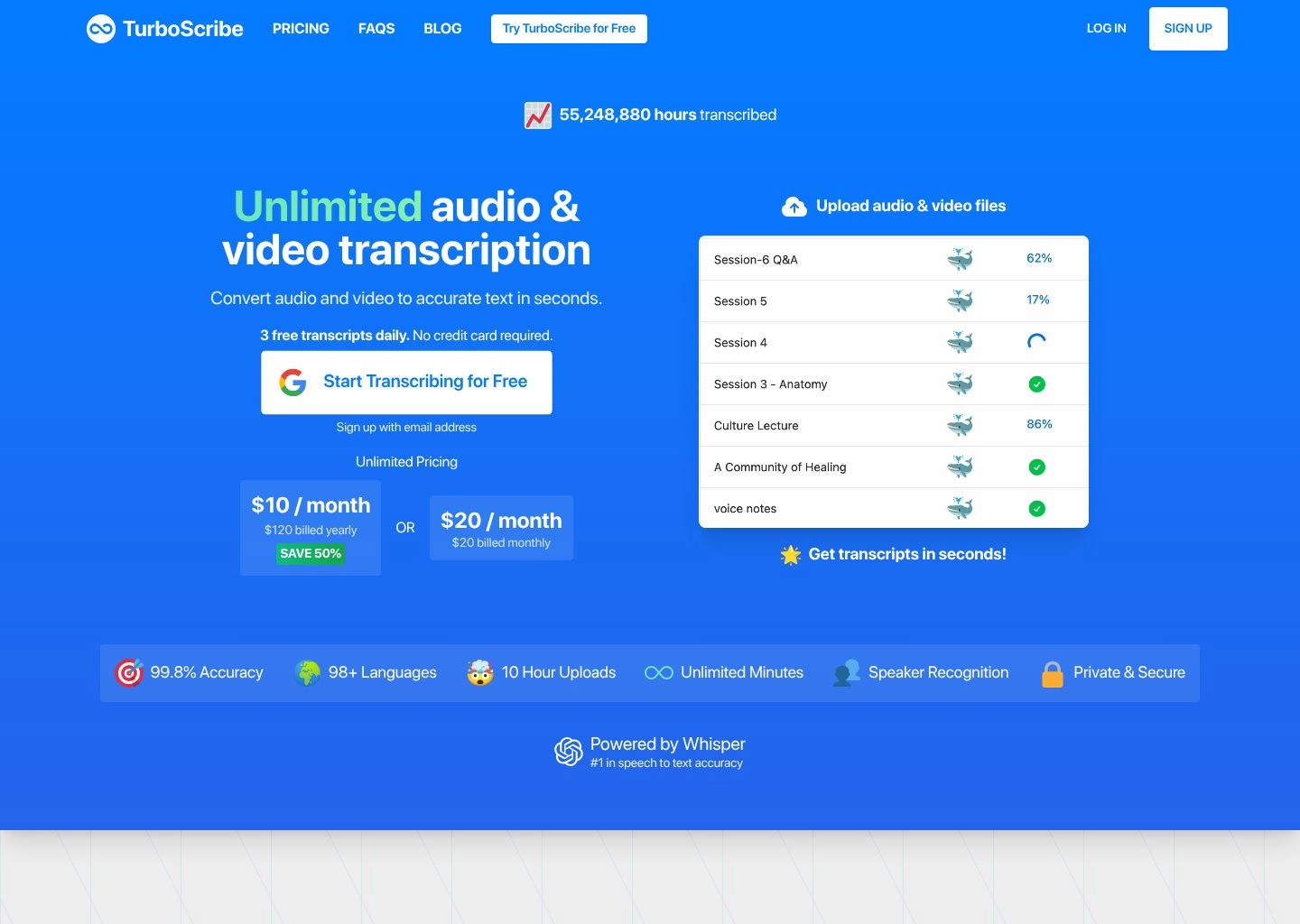 TurboScribe Unlimited GPU Whisper Audio Transcription Dashboard