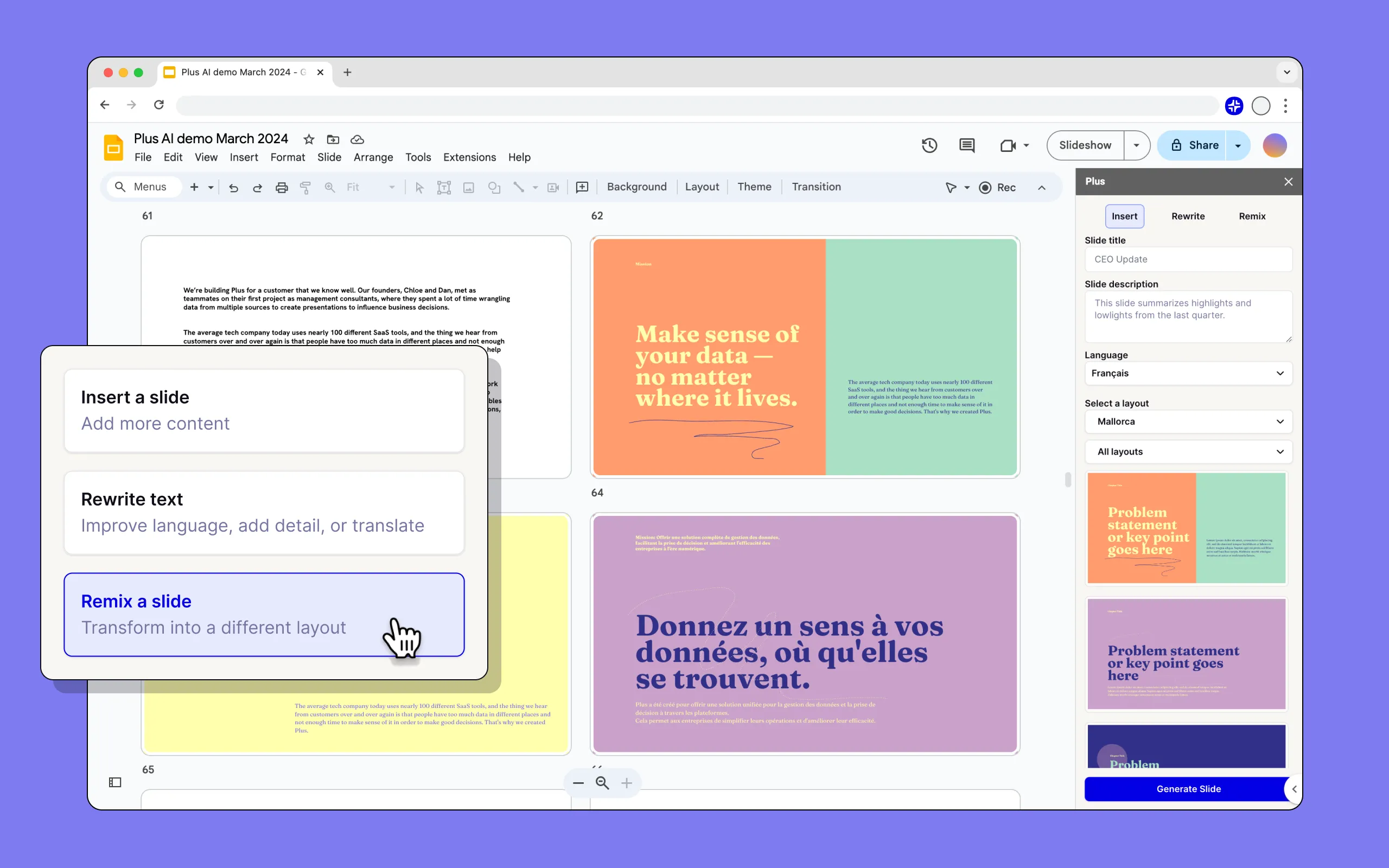 Plus AI enterprise slide copilot generating branded presentation decks inside Microsoft PowerPoint and Google Slides