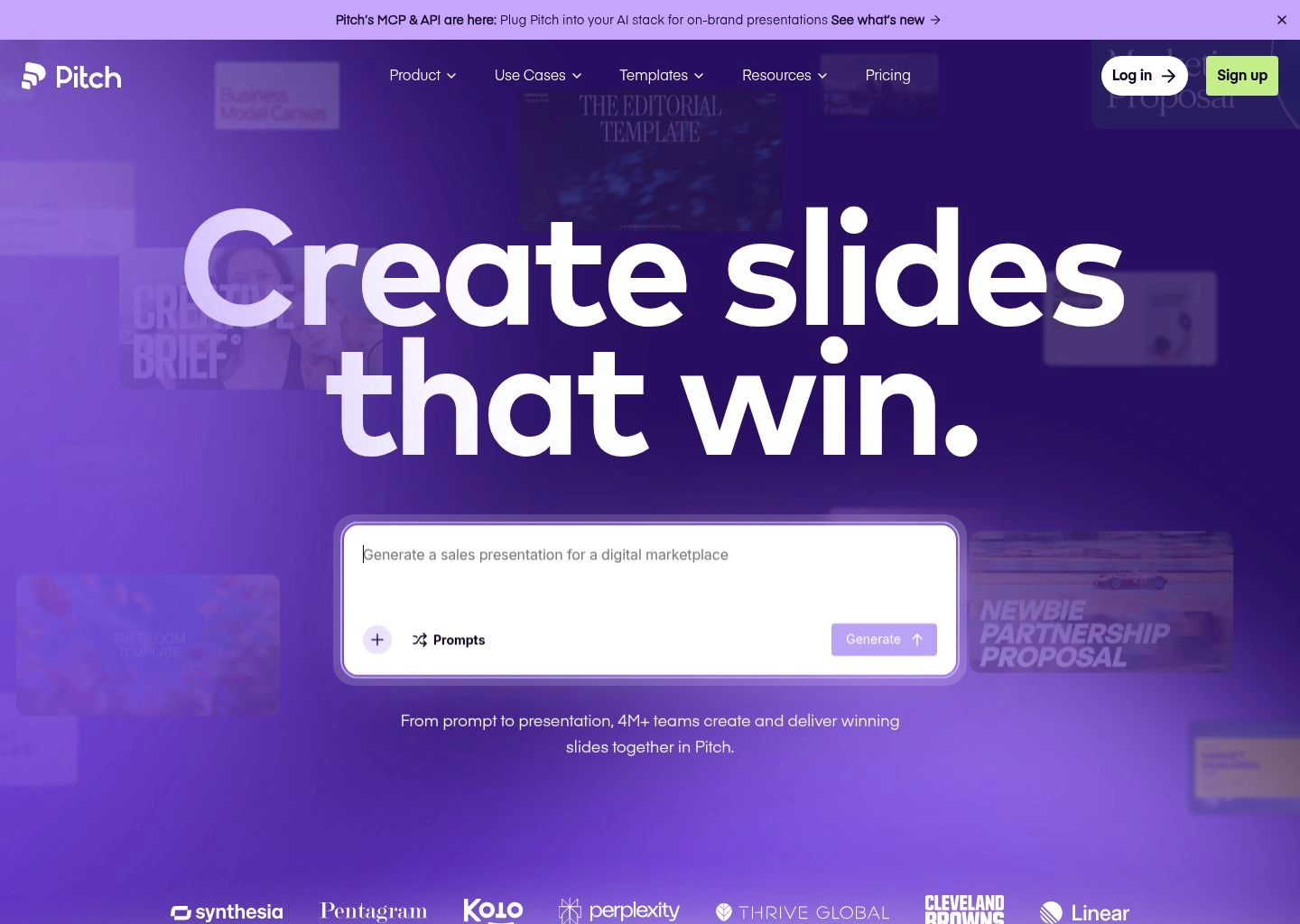 Pitch presentation software interface demonstrating real-time collaborative slide editing and AI deck drafting
