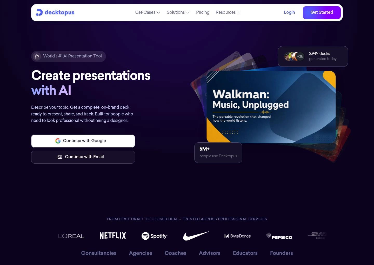 Decktopus AI presentation maker interface showcasing automated slide structuring and embedded lead capture forms