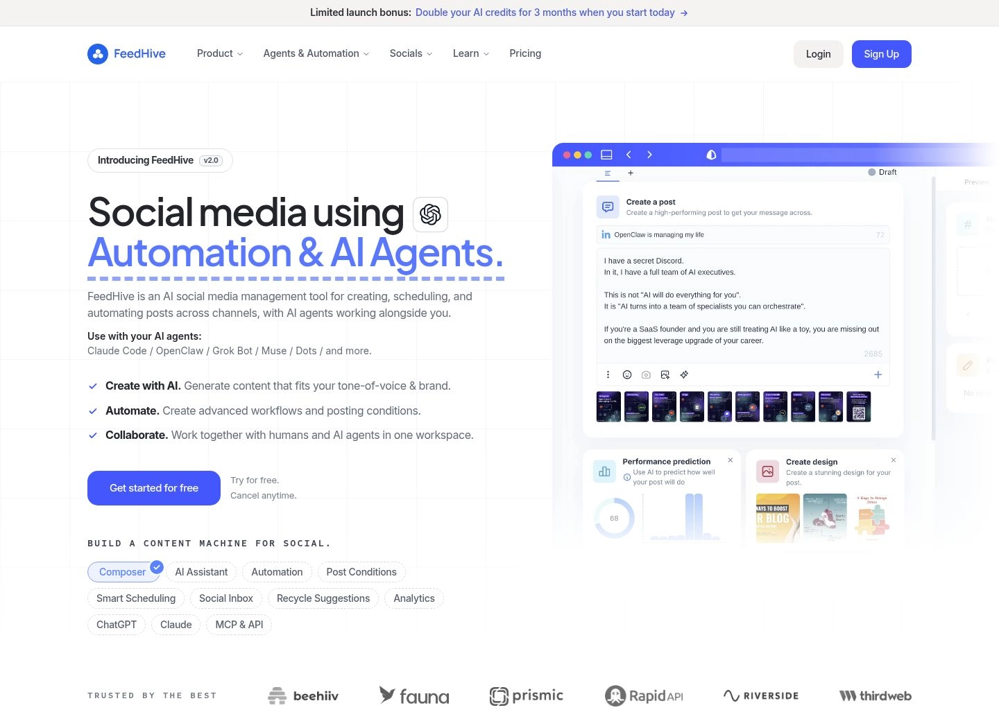 FeedHive social media scheduler showing visual color-coded calendar and AI conditional scheduling automation