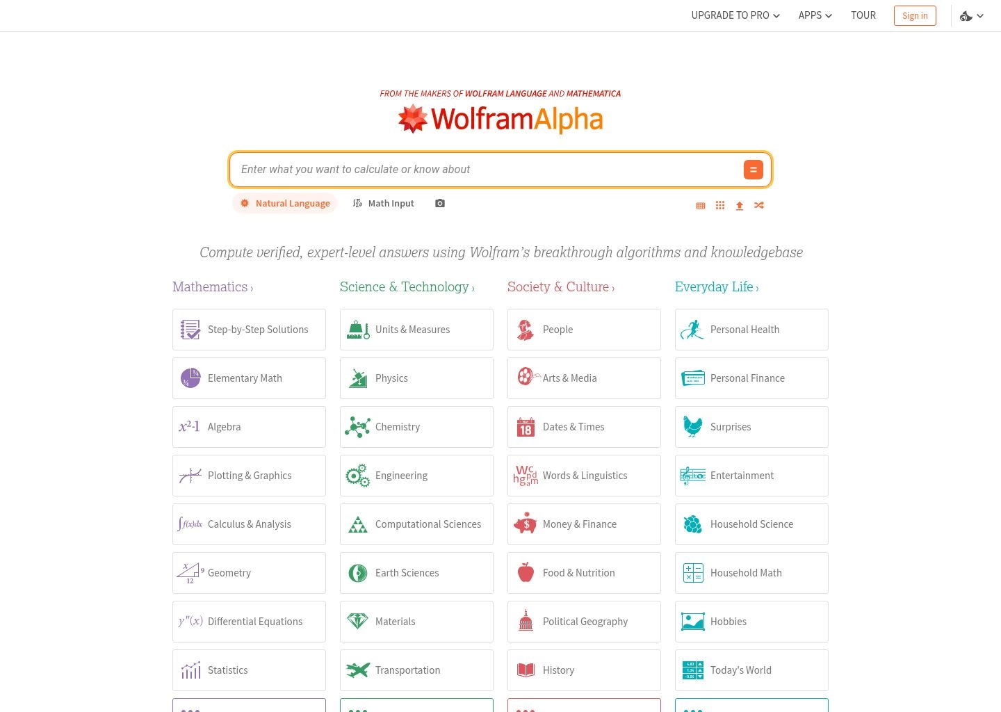 Wolfram|Alpha Interface Screenshot Wolfram|Alpha Student & Academic AI Tool Workspace UI Preview